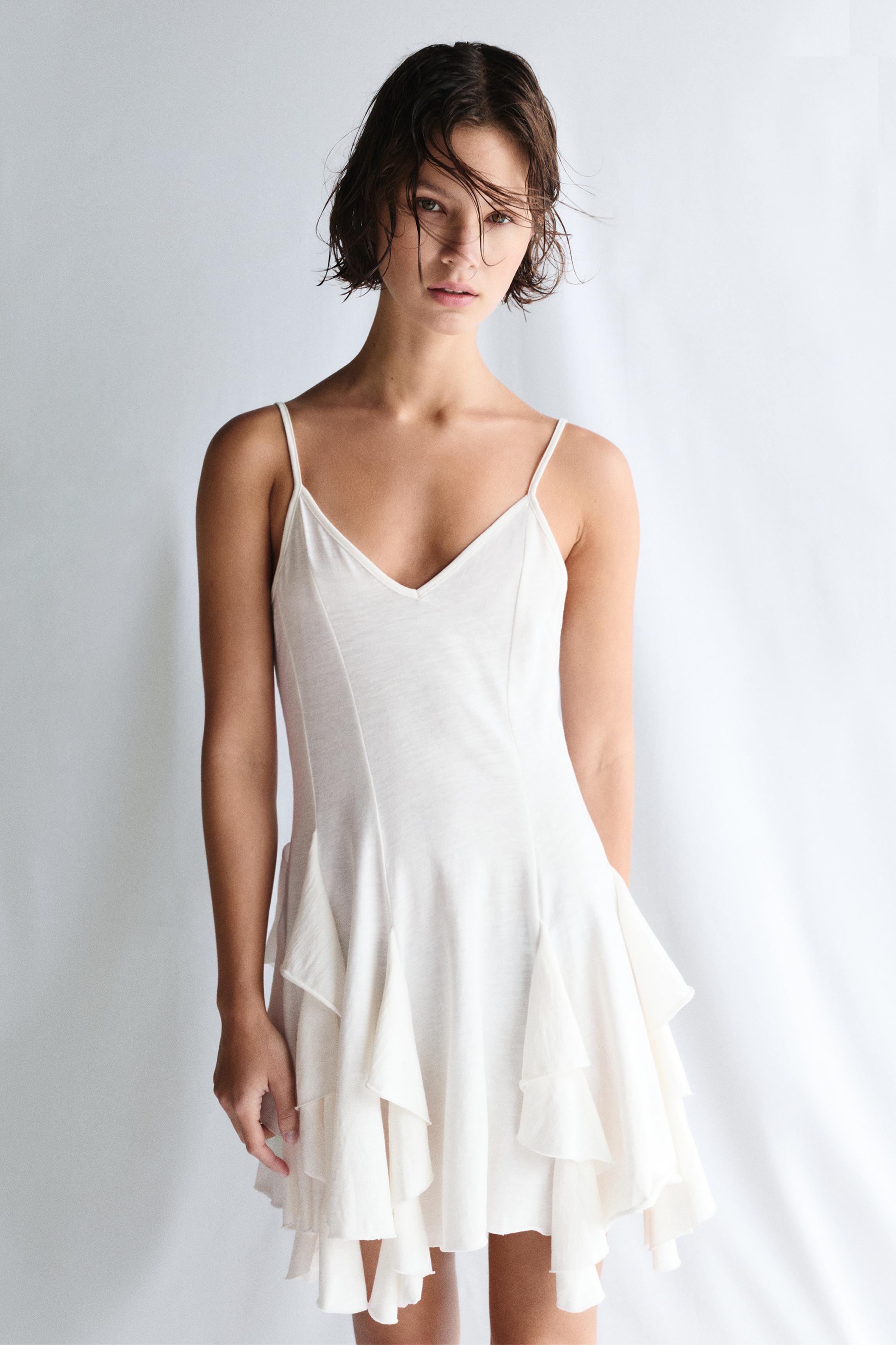 Short strappy flared dress — Ecru
