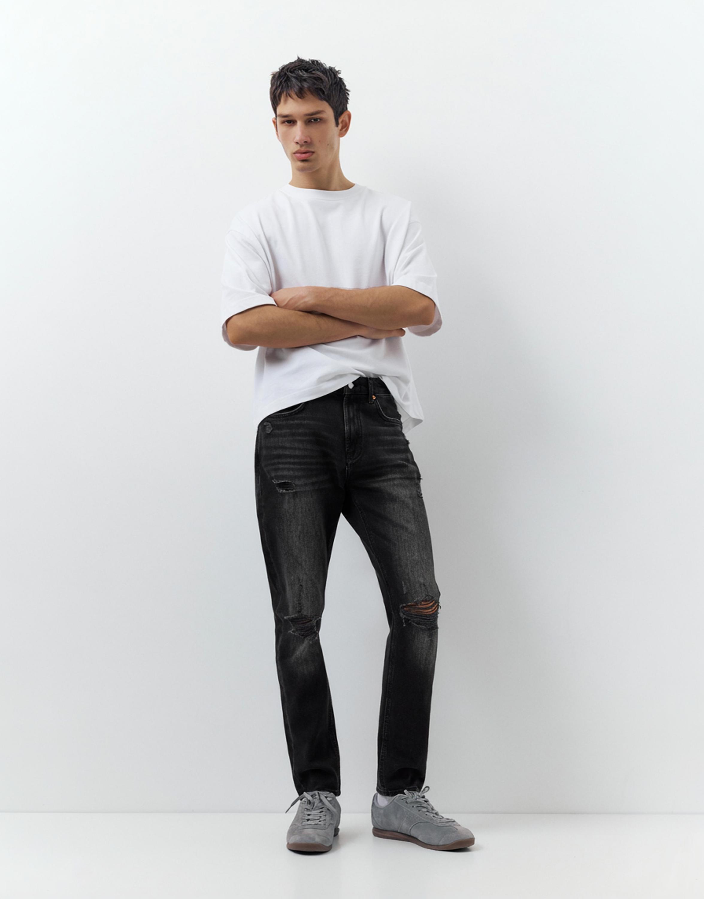 Ripped slim fit jeans — Faded black