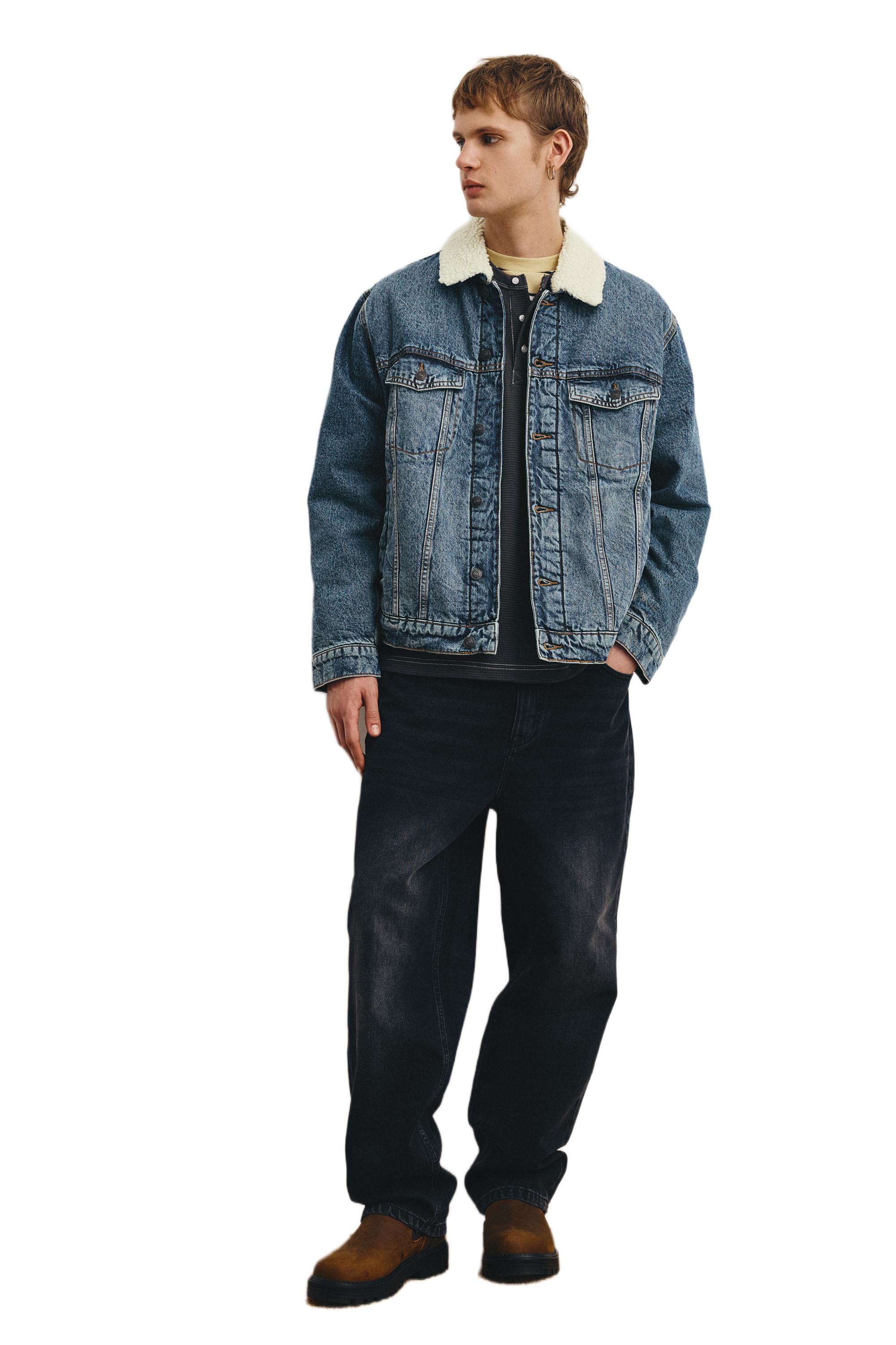 Denim jacket with faux shearling collar — Medium blue