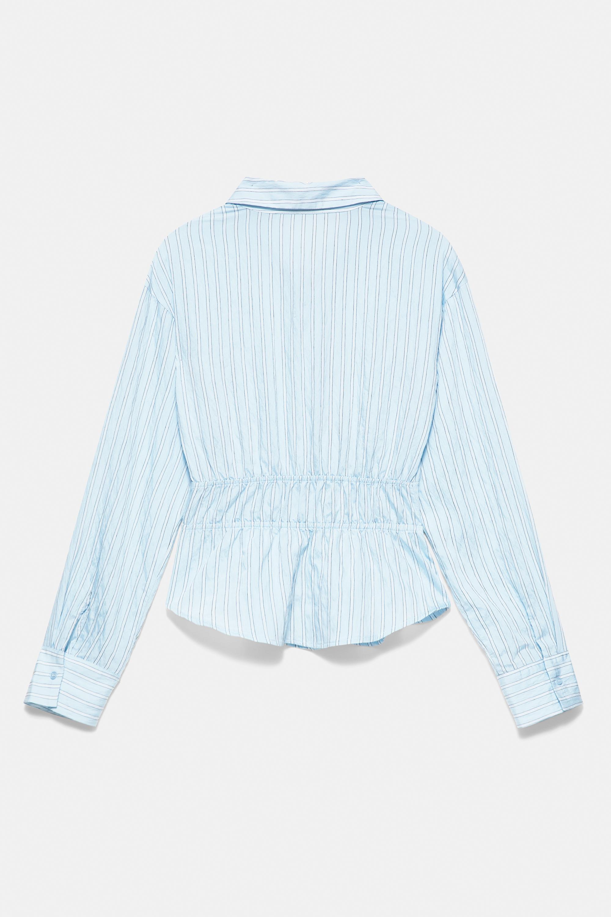 Striped long sleeve gathered shirt — White/Sky Blue