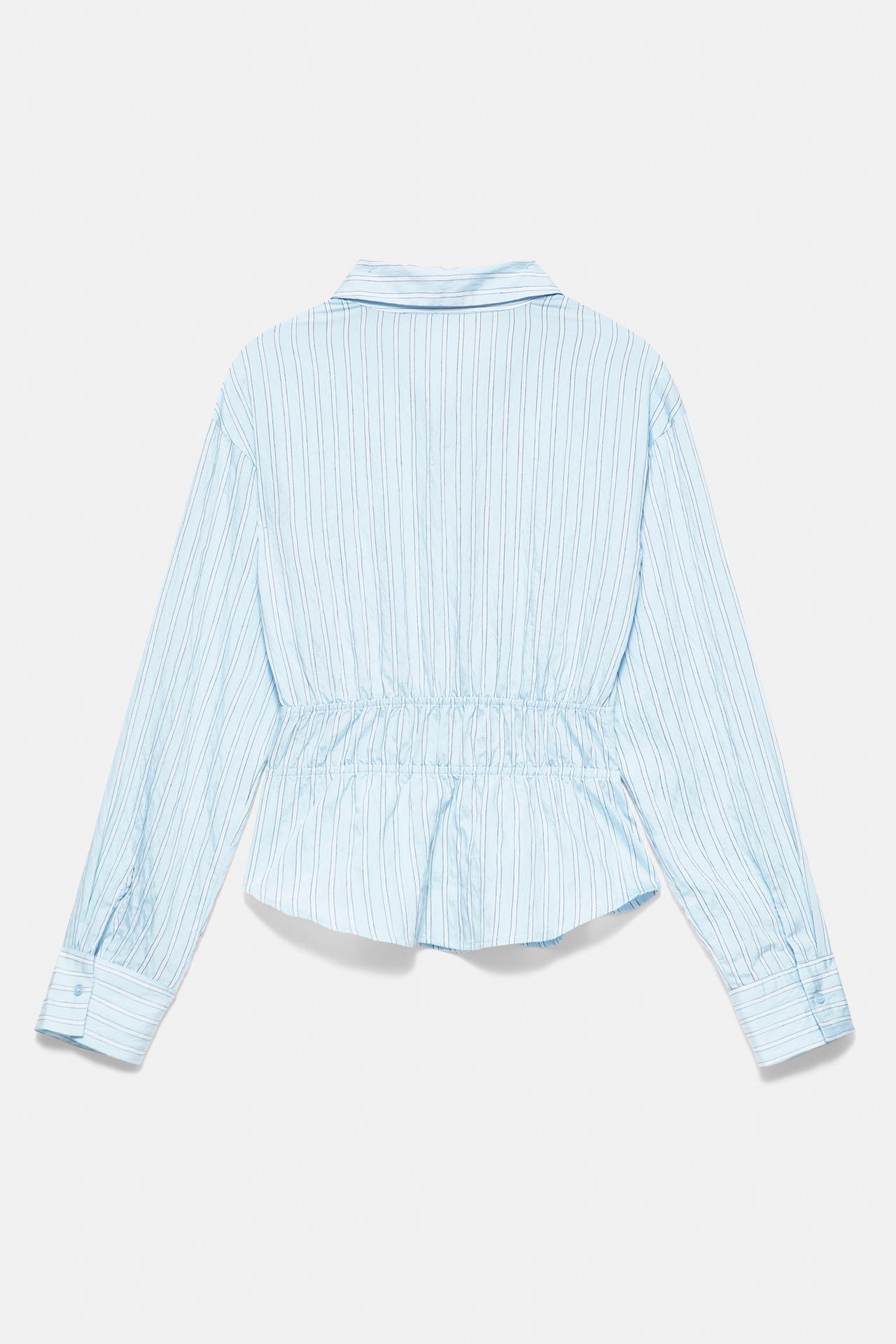 Striped long sleeve gathered shirt — White/Sky Blue