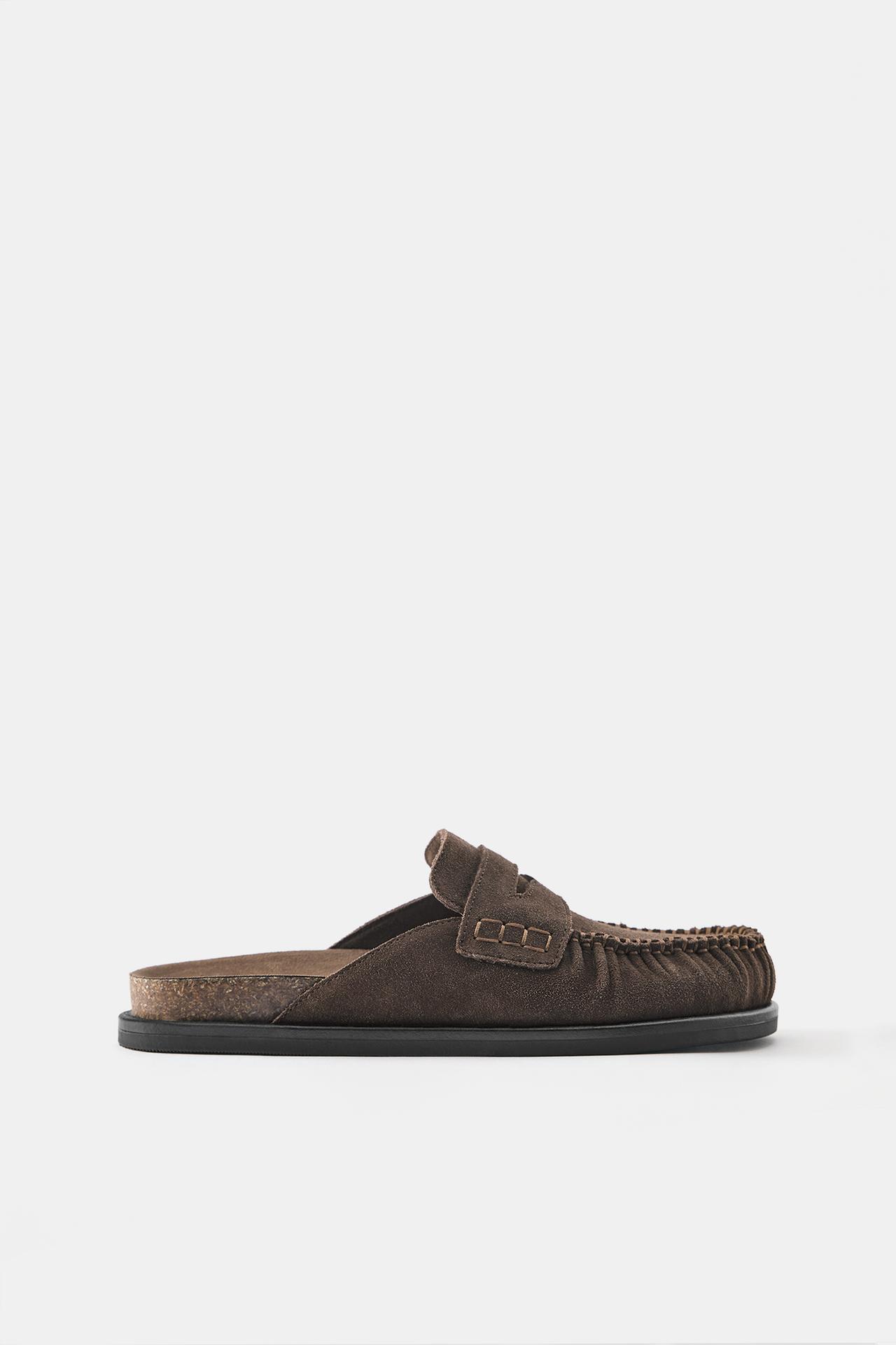 Gathered loafer leather clogs — Brown