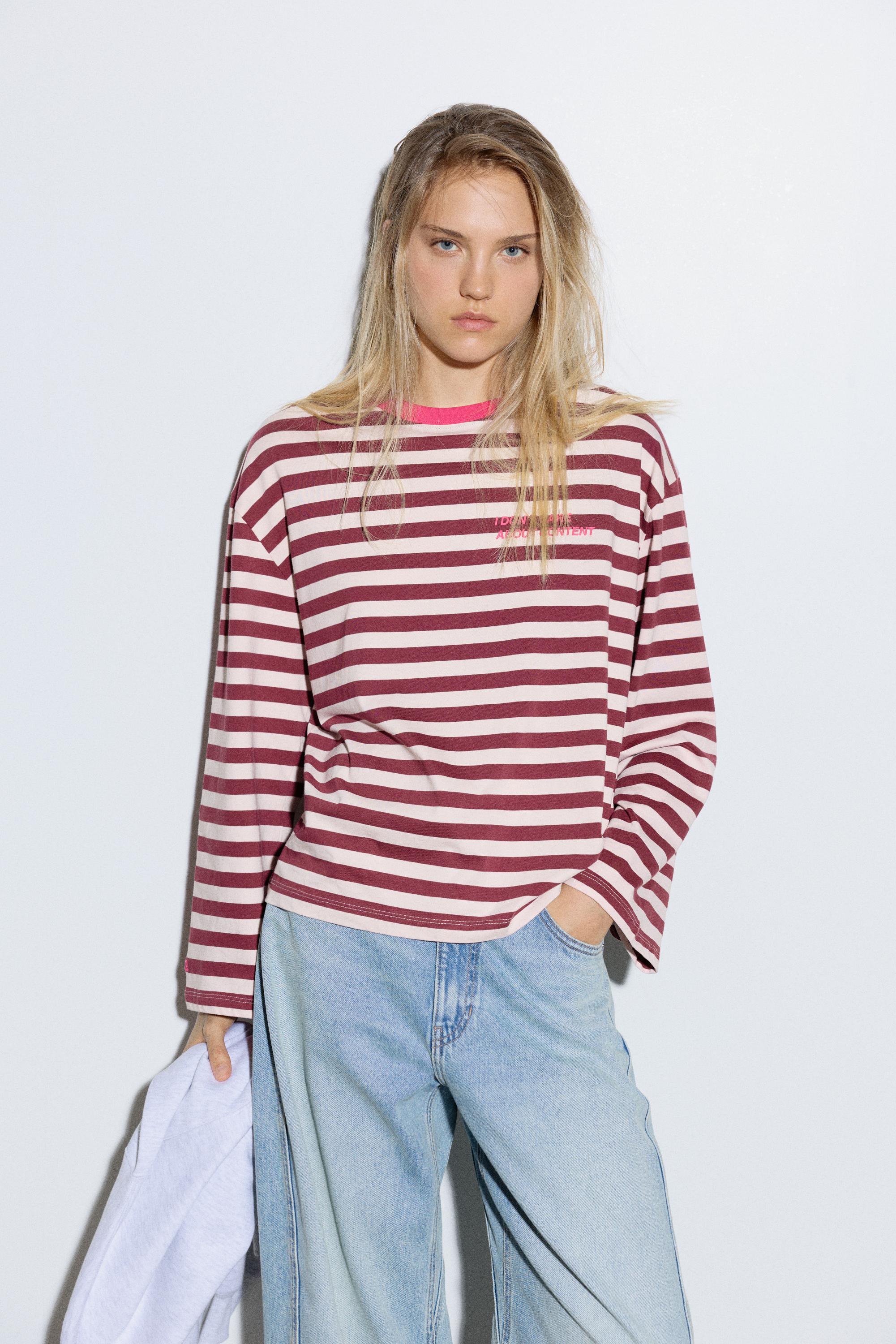 Oversize striped slogan T-shirt — Pale pink