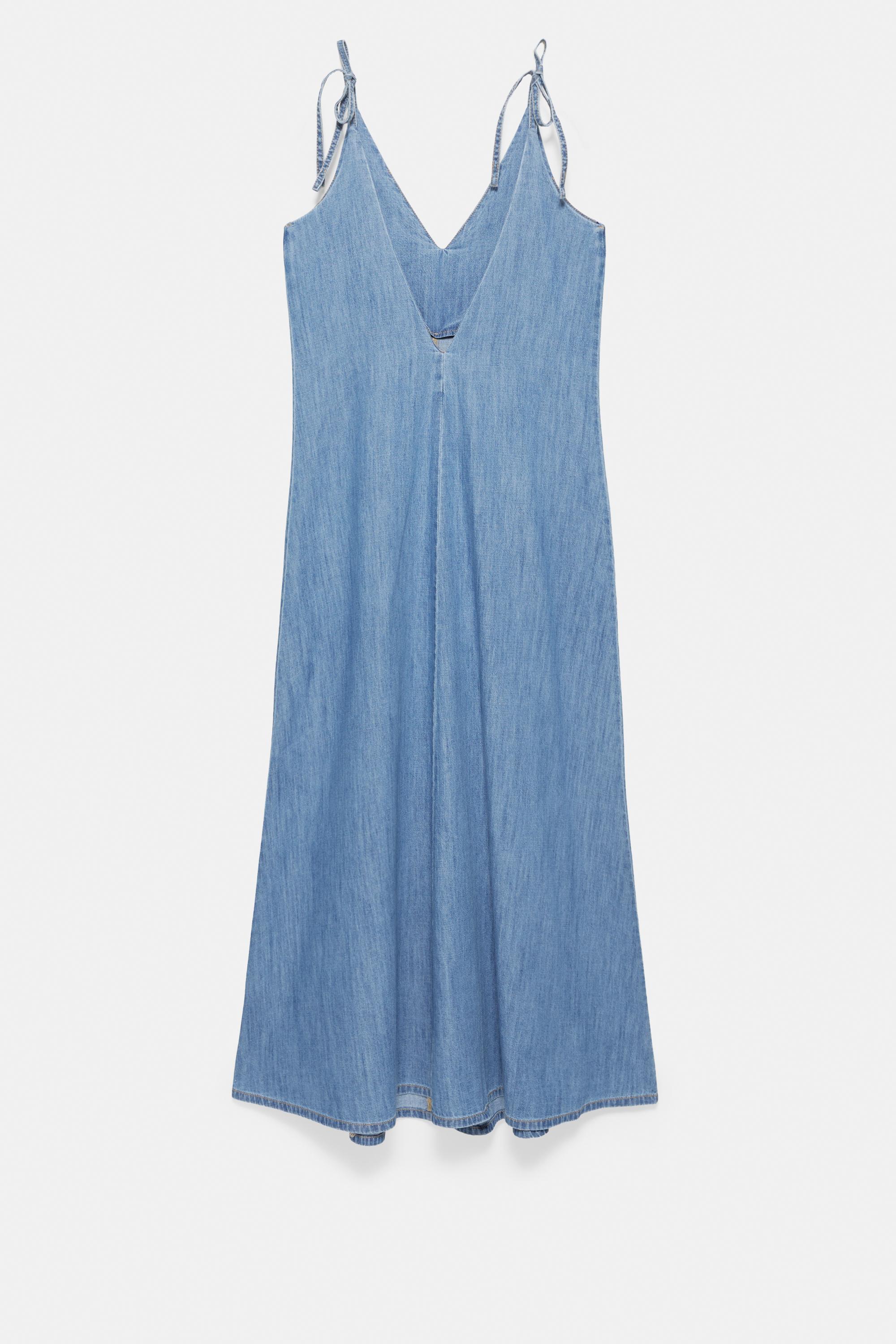 Askılı uzun jean elbise - Görsel 5