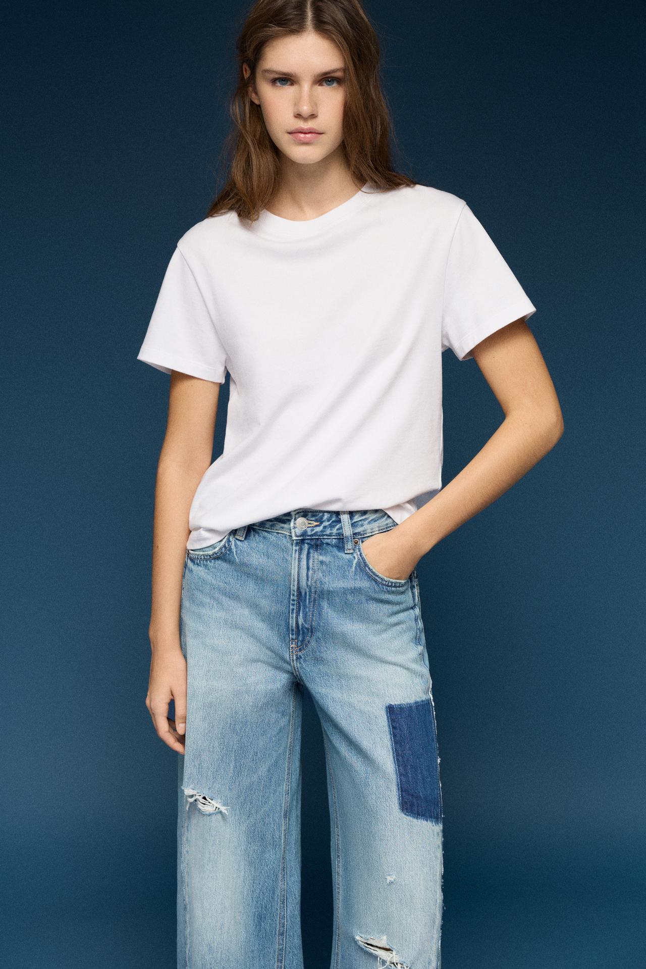 Wide-leg patchwork jeans — Medium blue