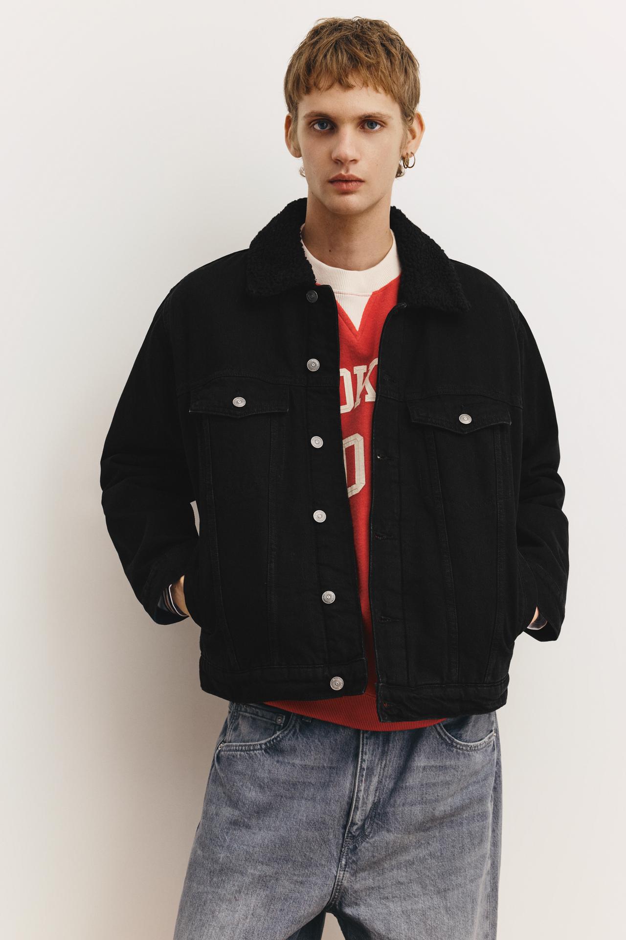Denim jacket with faux shearling collar — Faded black