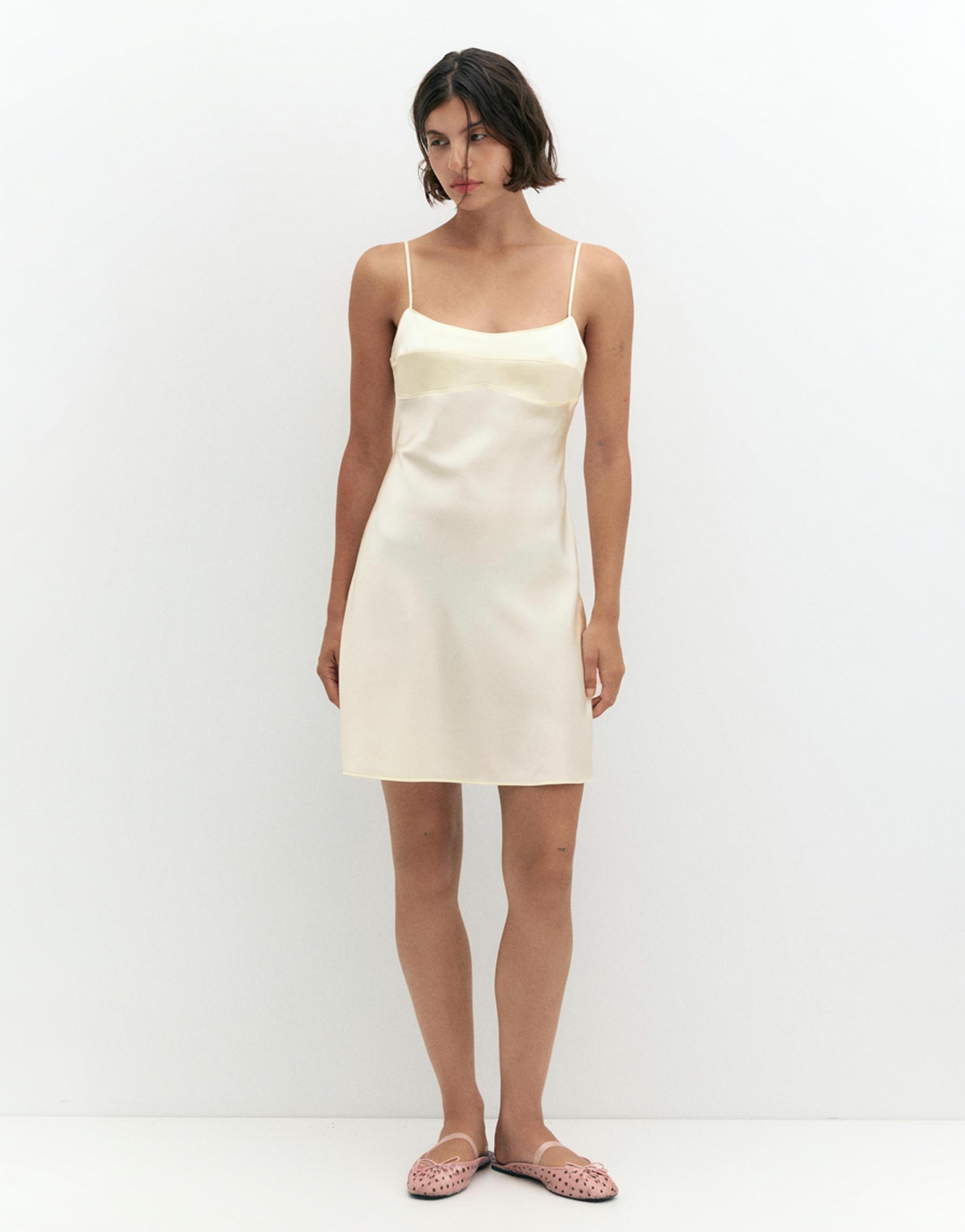 Short satin strappy dress — Ecru