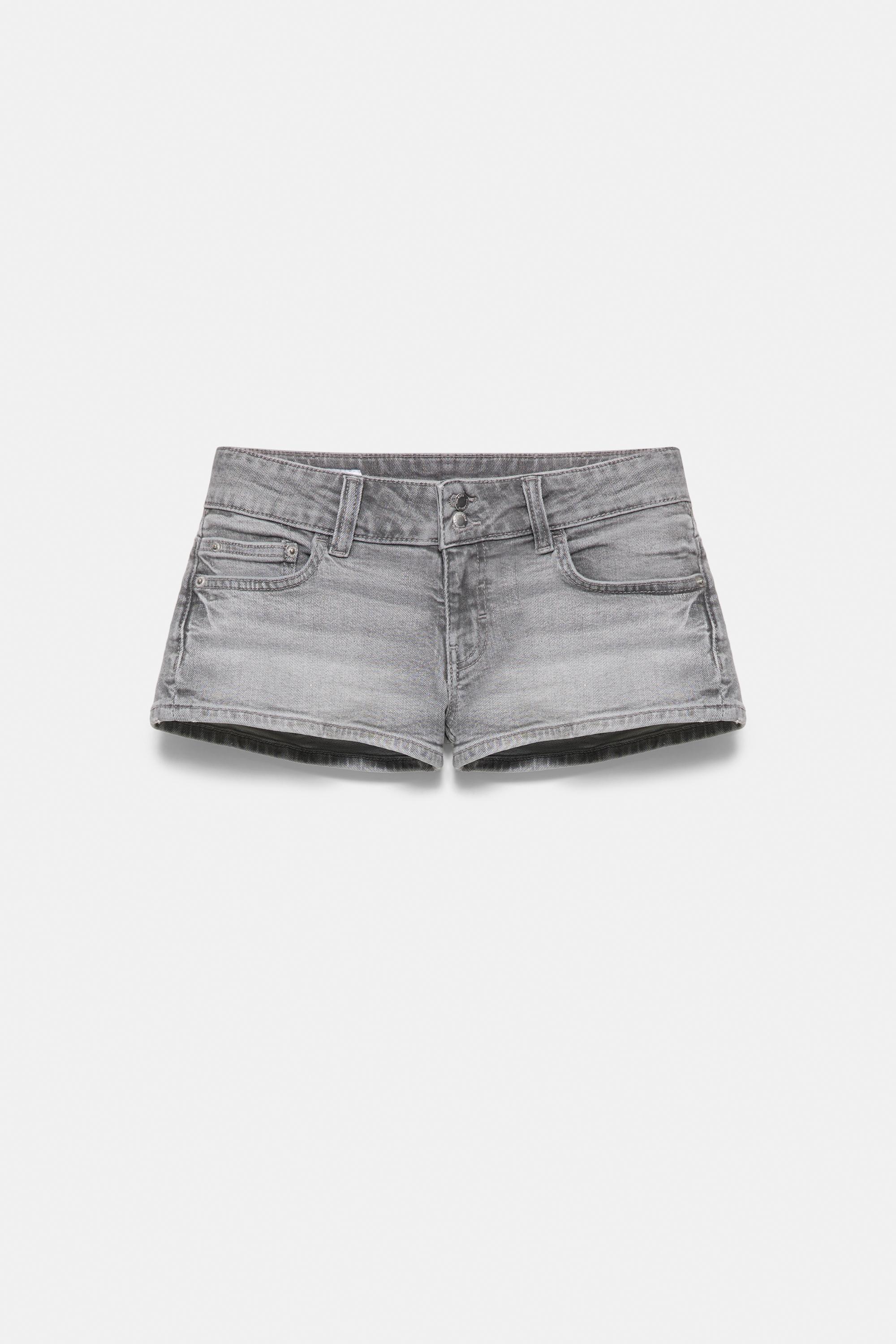 Double-button mini denim shorts — Grey
