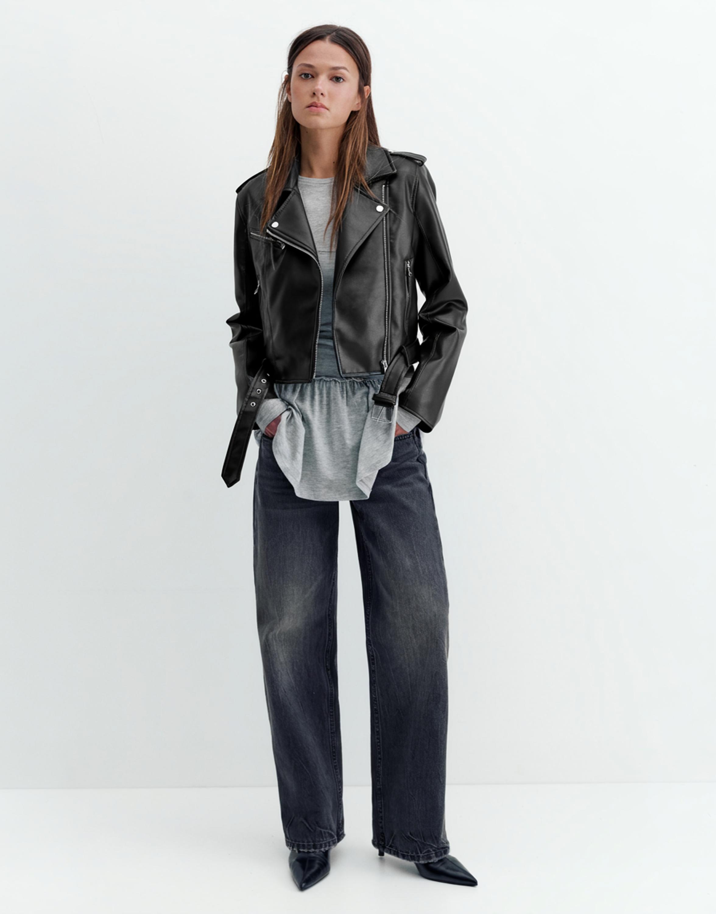 Suni deri biker ceket - Görsel 2