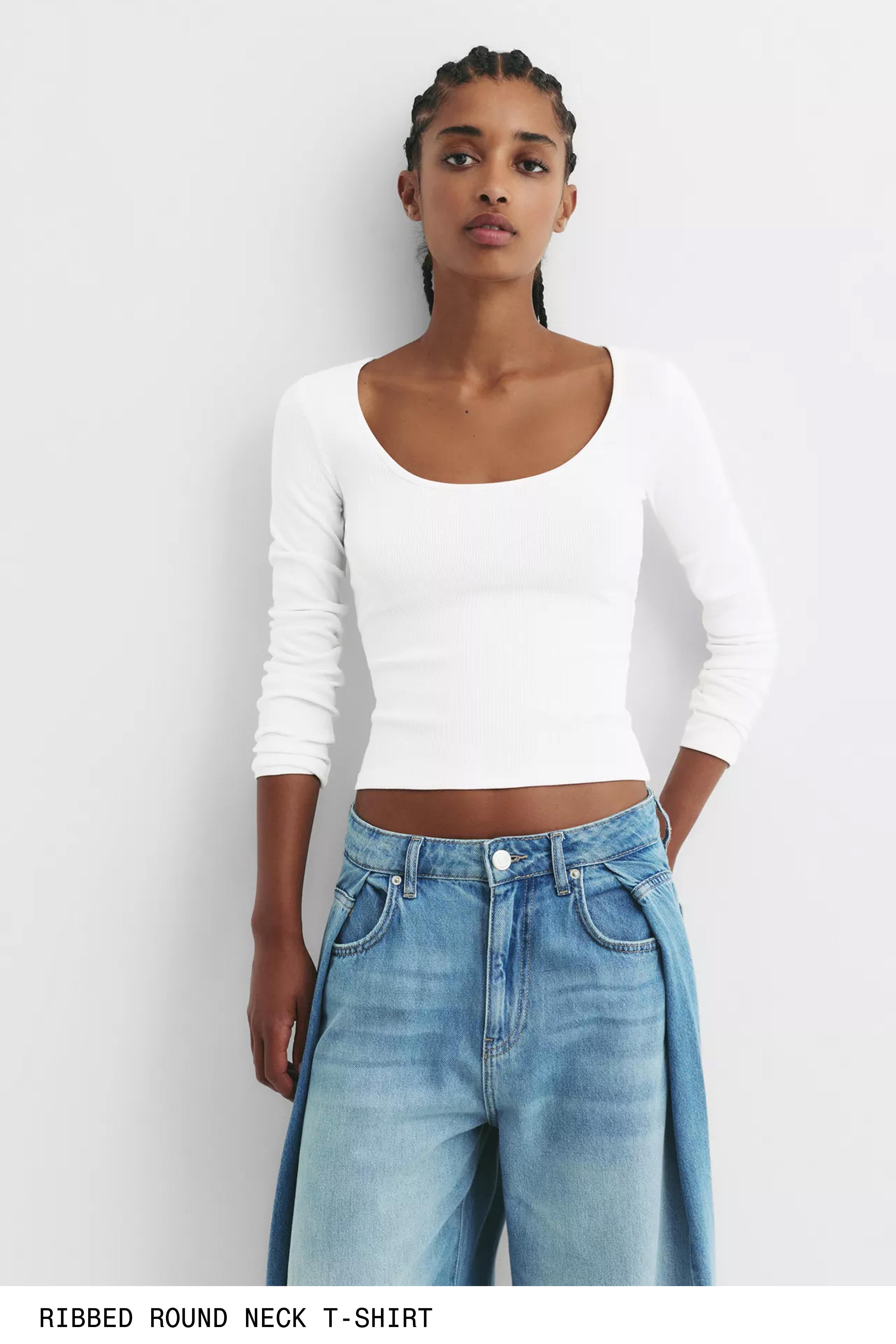 Ribbed round neck T-shirt — White