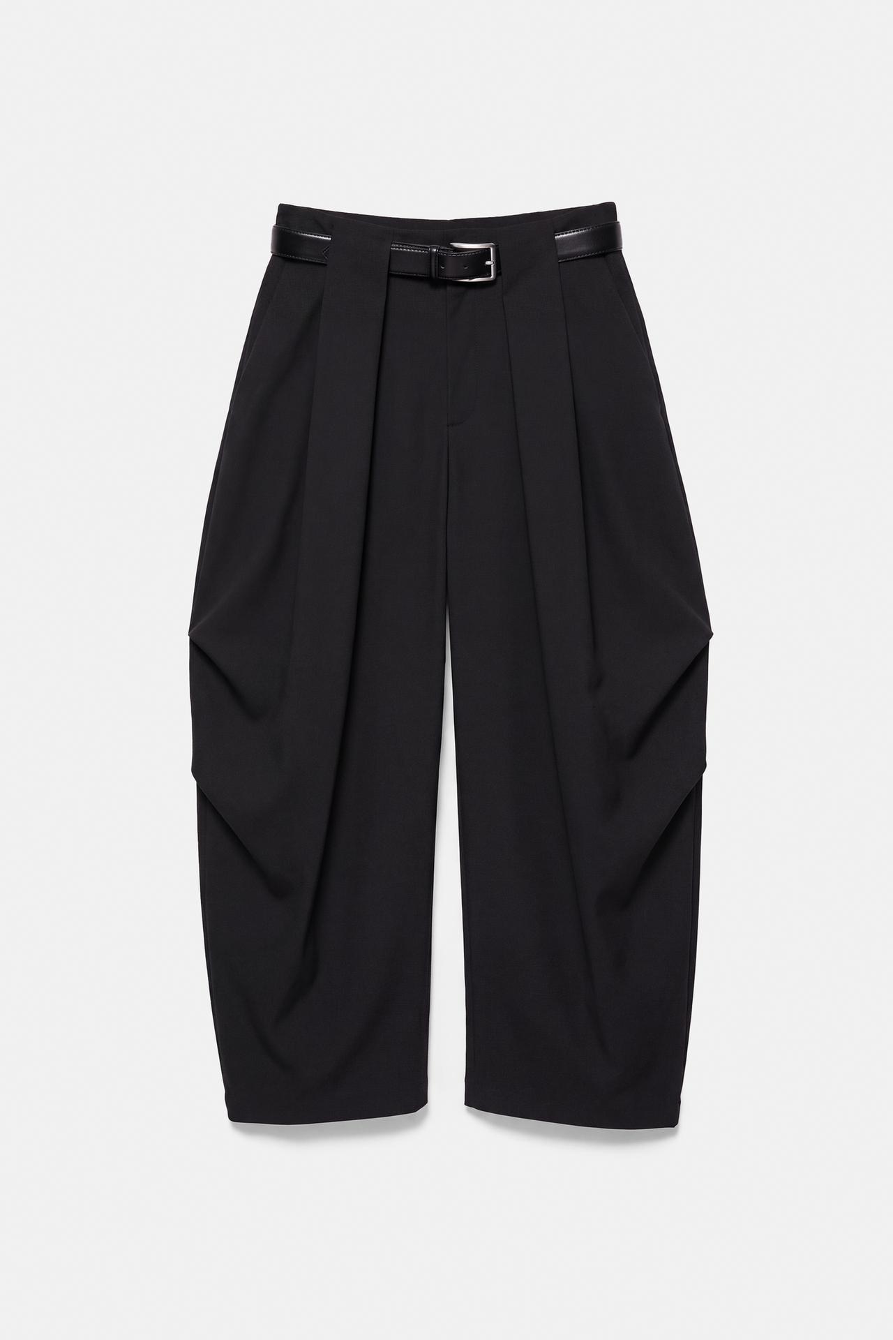 High-waist barrel trousers with pleats and belt — Black
