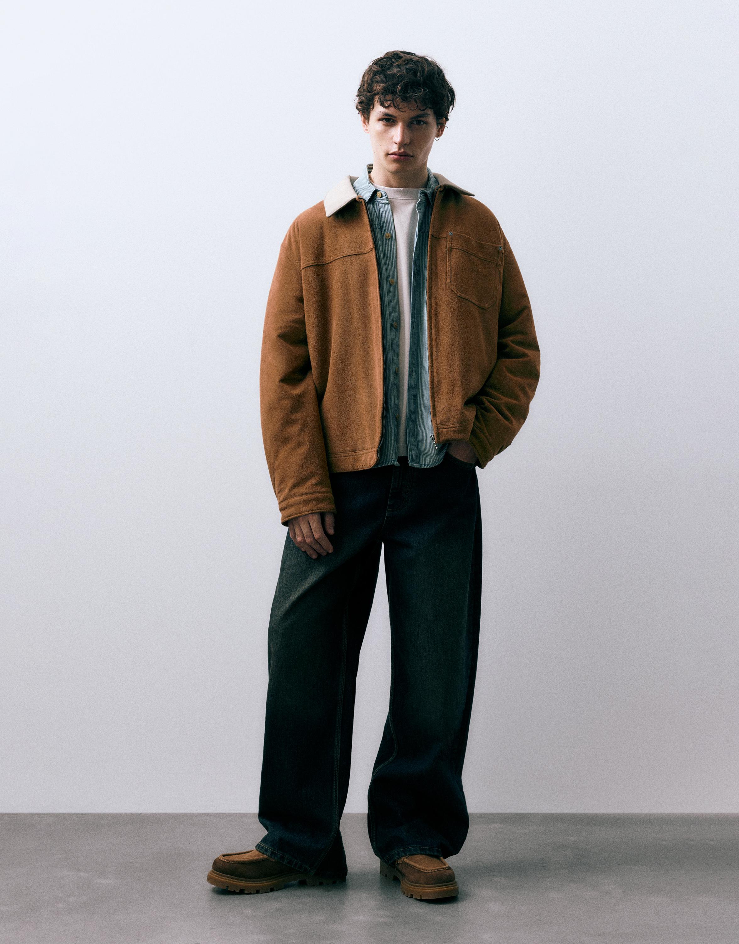 Kontrast yakalı suni süet ceket - Görsel 13