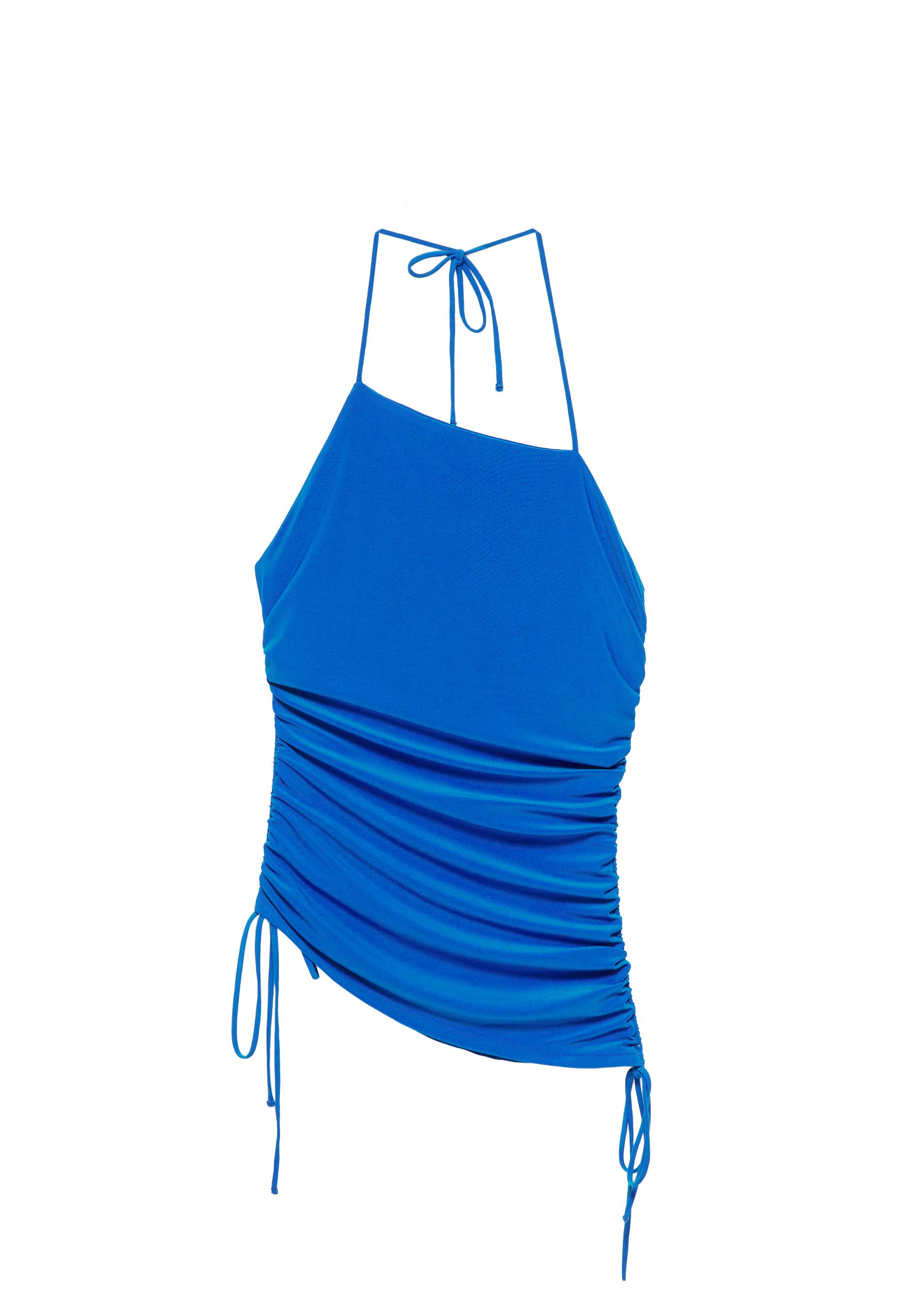 Asymmetric gathered halter top — Deep blue