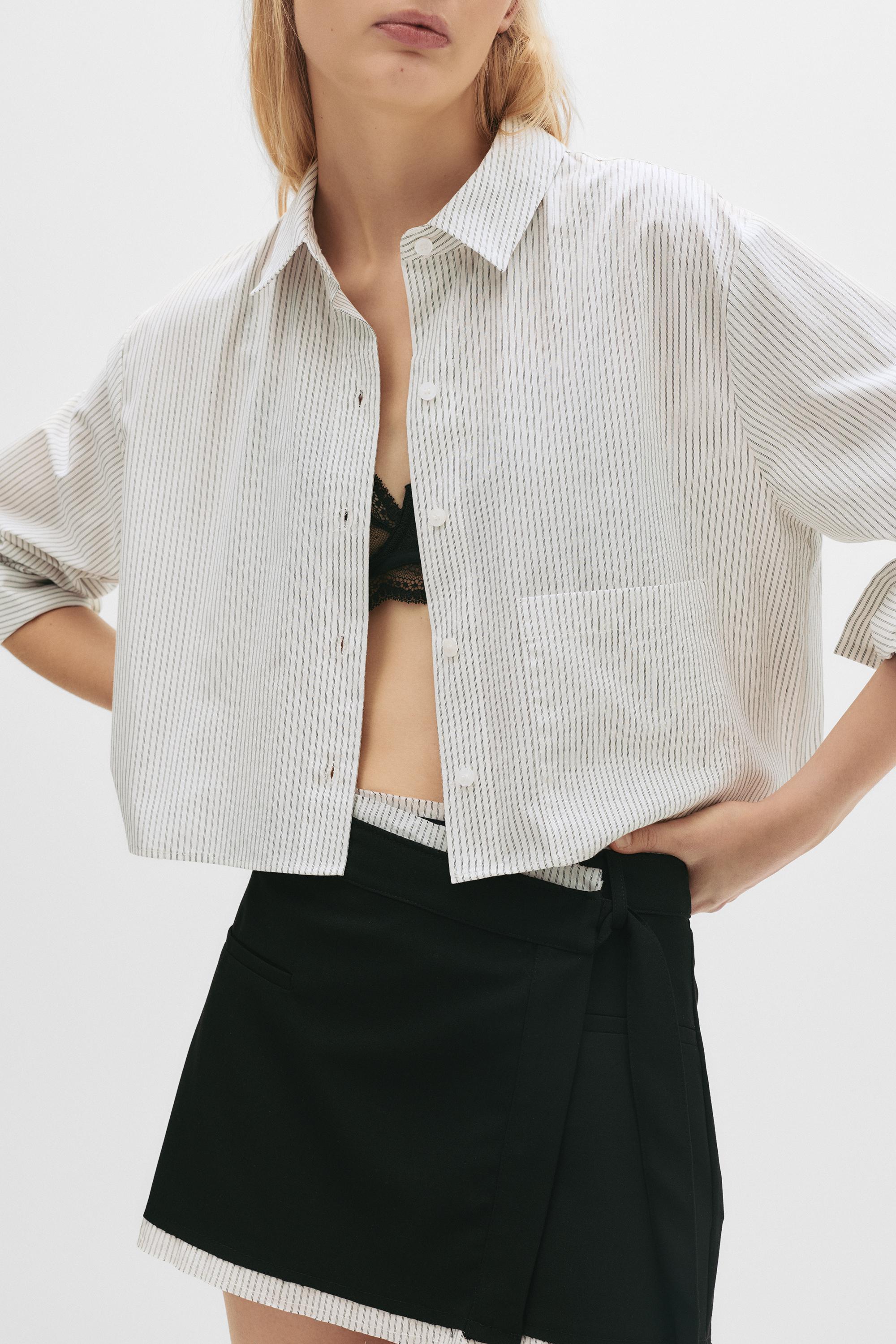 ジャケット・アウター GOD ONLY KNOWS CROPPED STRIPED SHIRT Striped cropped shirt with pocket - pull&bear