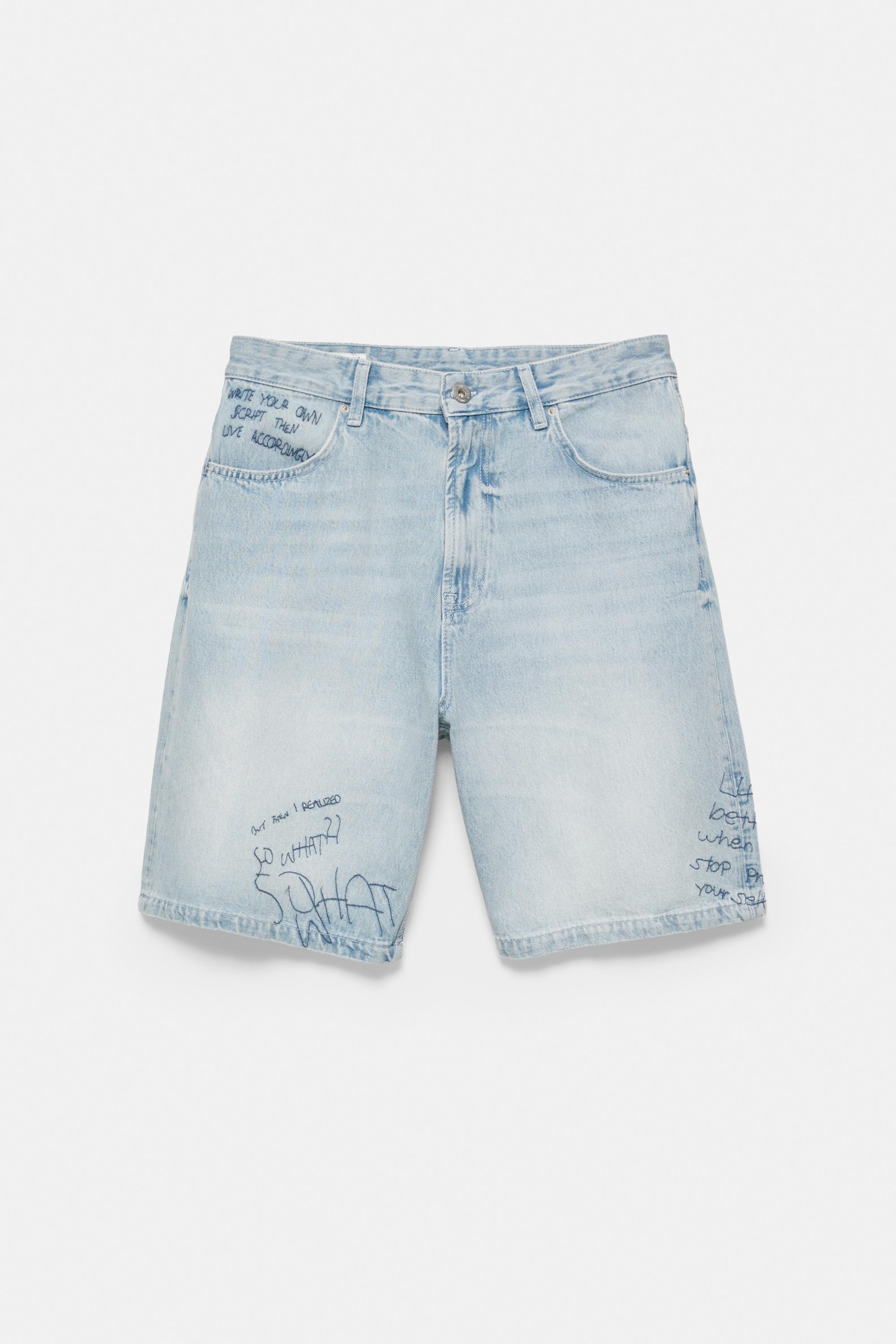 Embroidered baggy denim Bermuda shorts — Pale indigo
