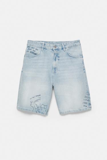 Embroidered baggy denim Bermuda shorts — Pale indigo 7