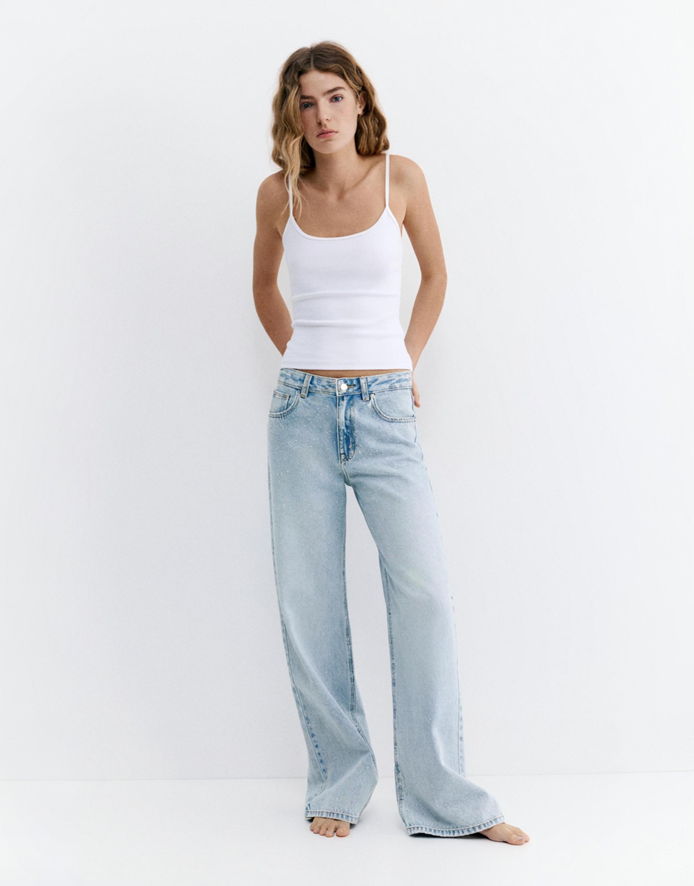 Straight-leg baggy jeans with rhinestones — Pale blue