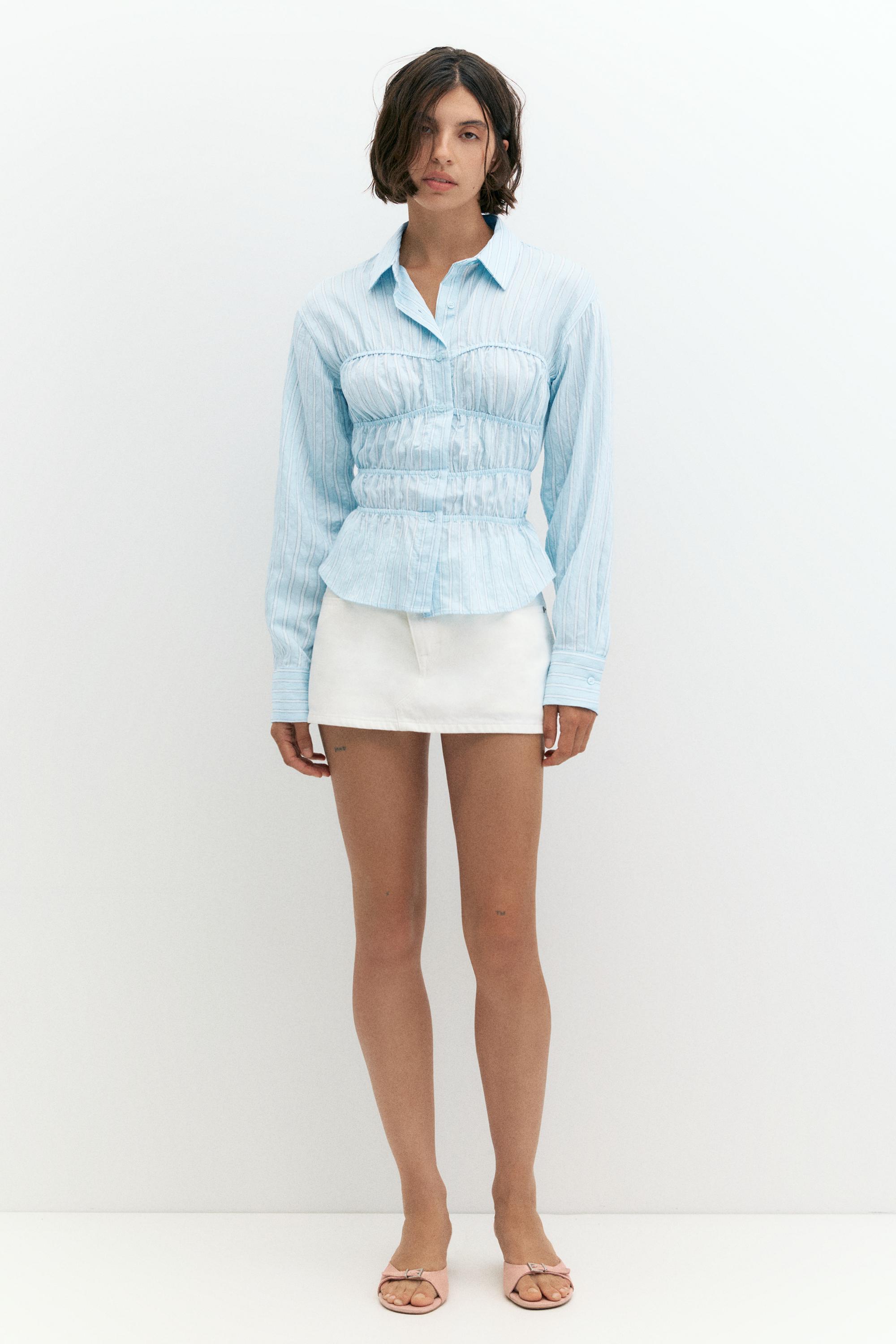 Striped long sleeve gathered shirt — White/Sky Blue