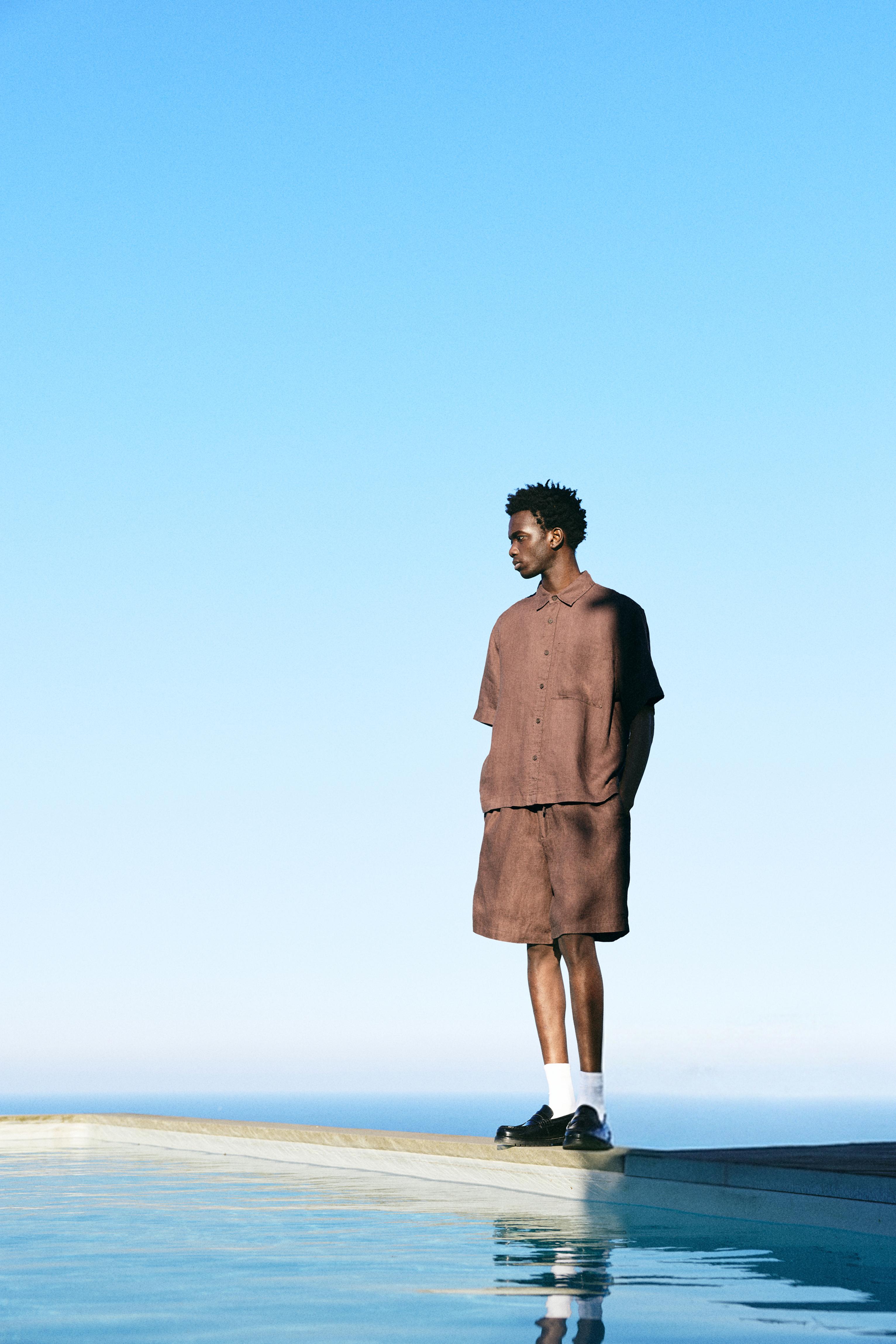 100% linen short sleeve shirt — Brown