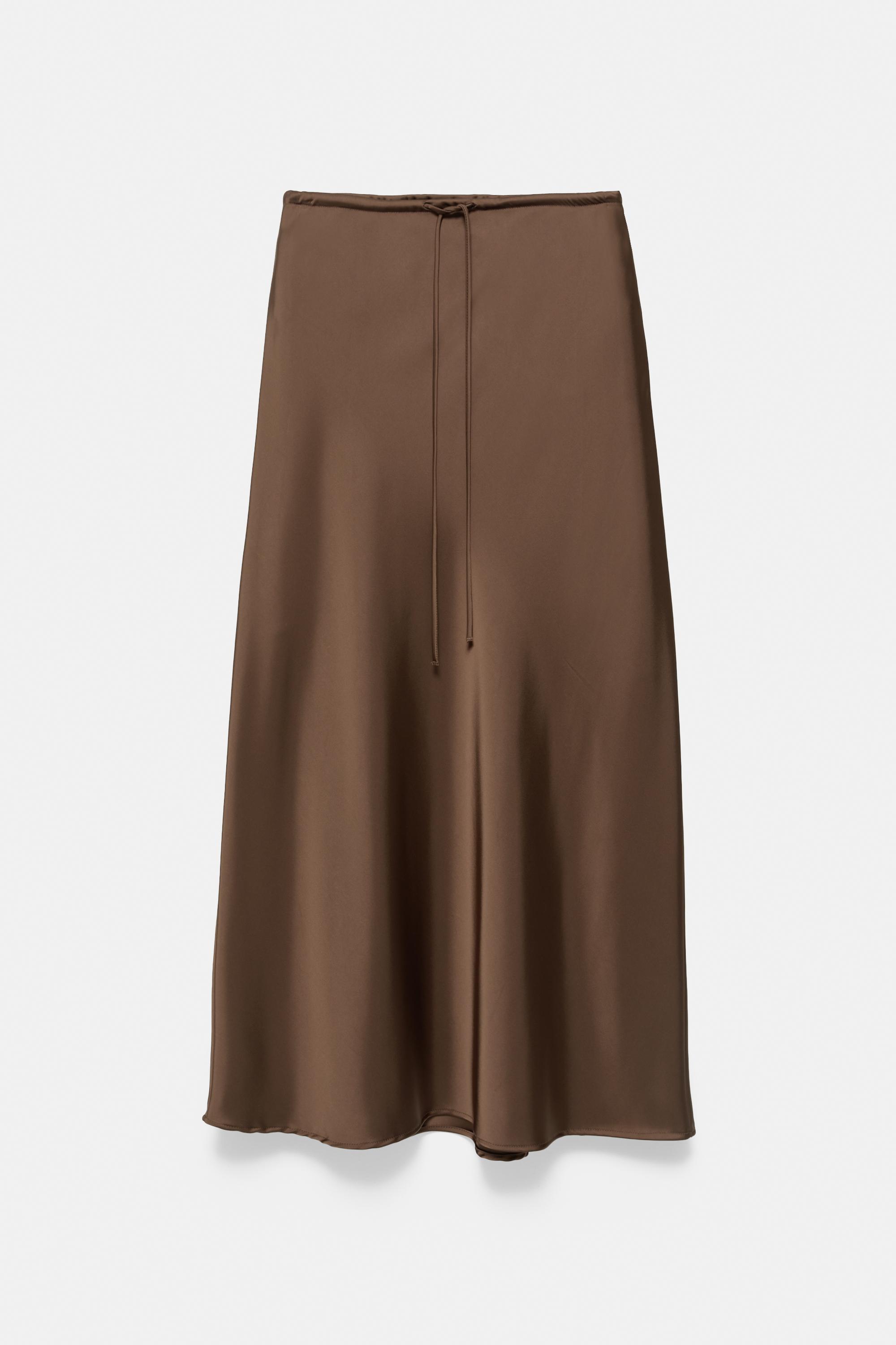 Satin drawstring midi skirt — Dark brown