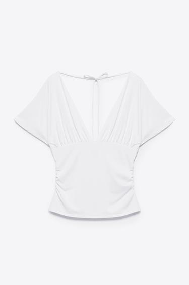 Gathered V-neck top — White 6