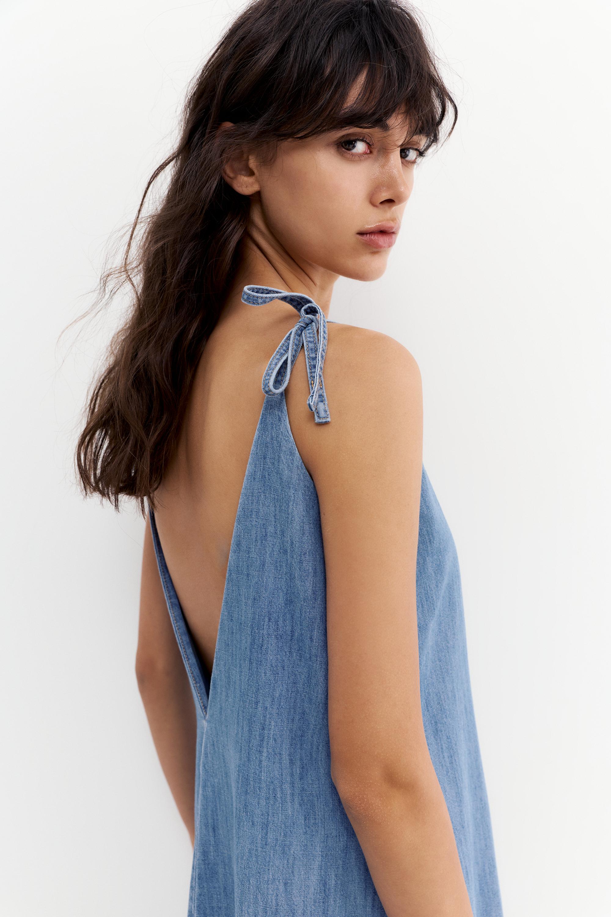 Long denim strappy dress — Pale blue