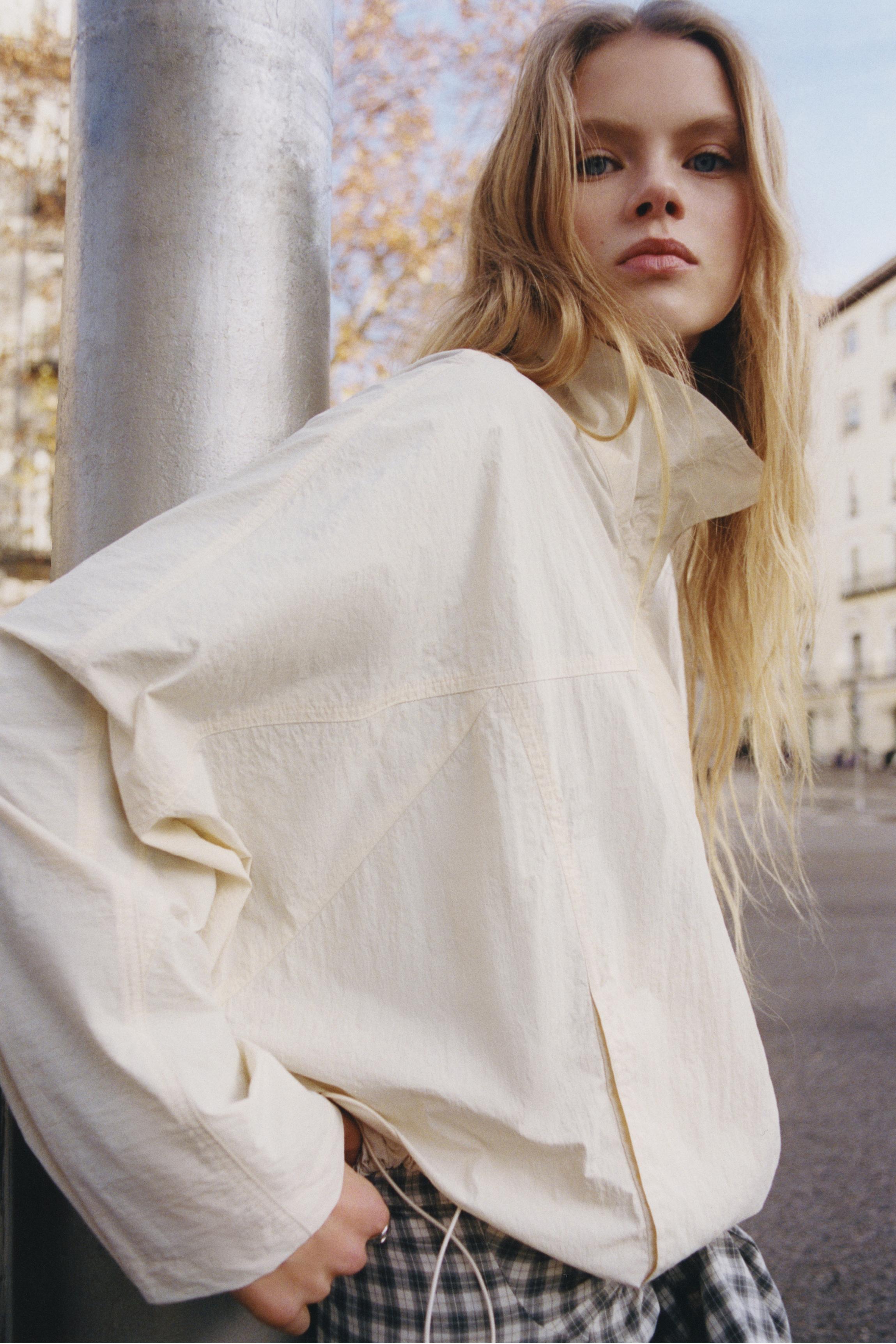 Short nylon-effect jacket — Ecru