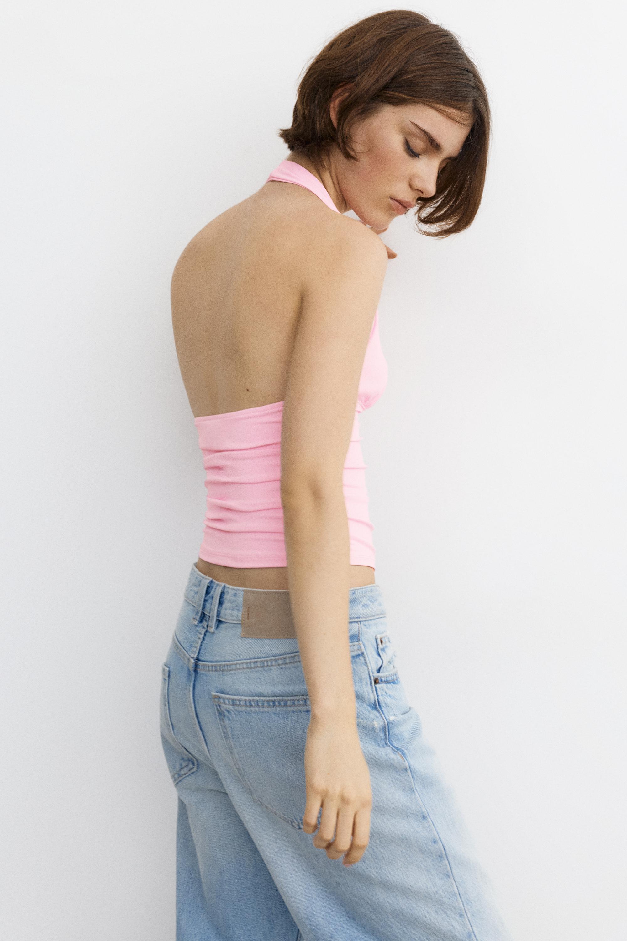 Halter neck top with gathering — Pink