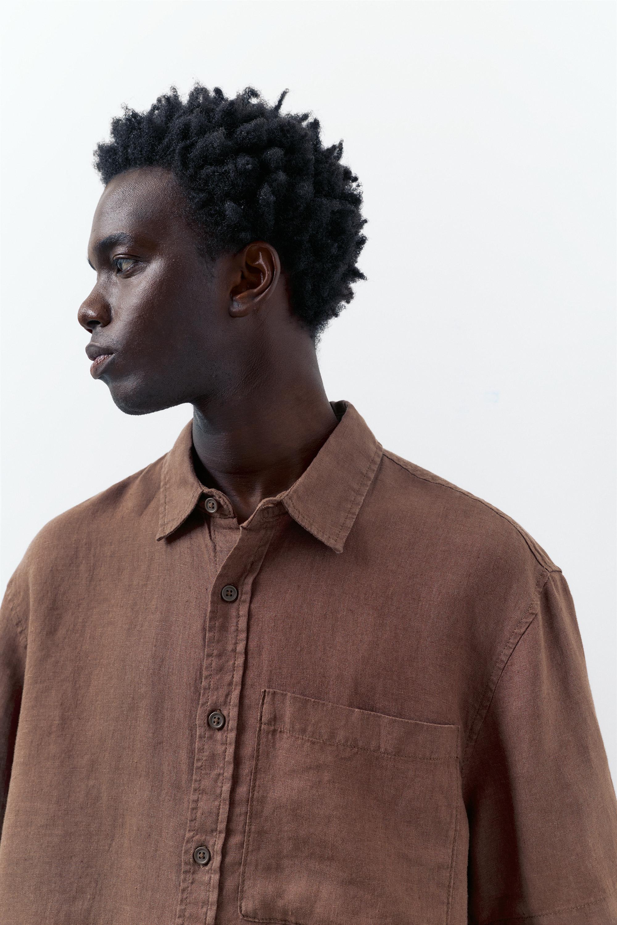 100% linen short sleeve shirt — Brown