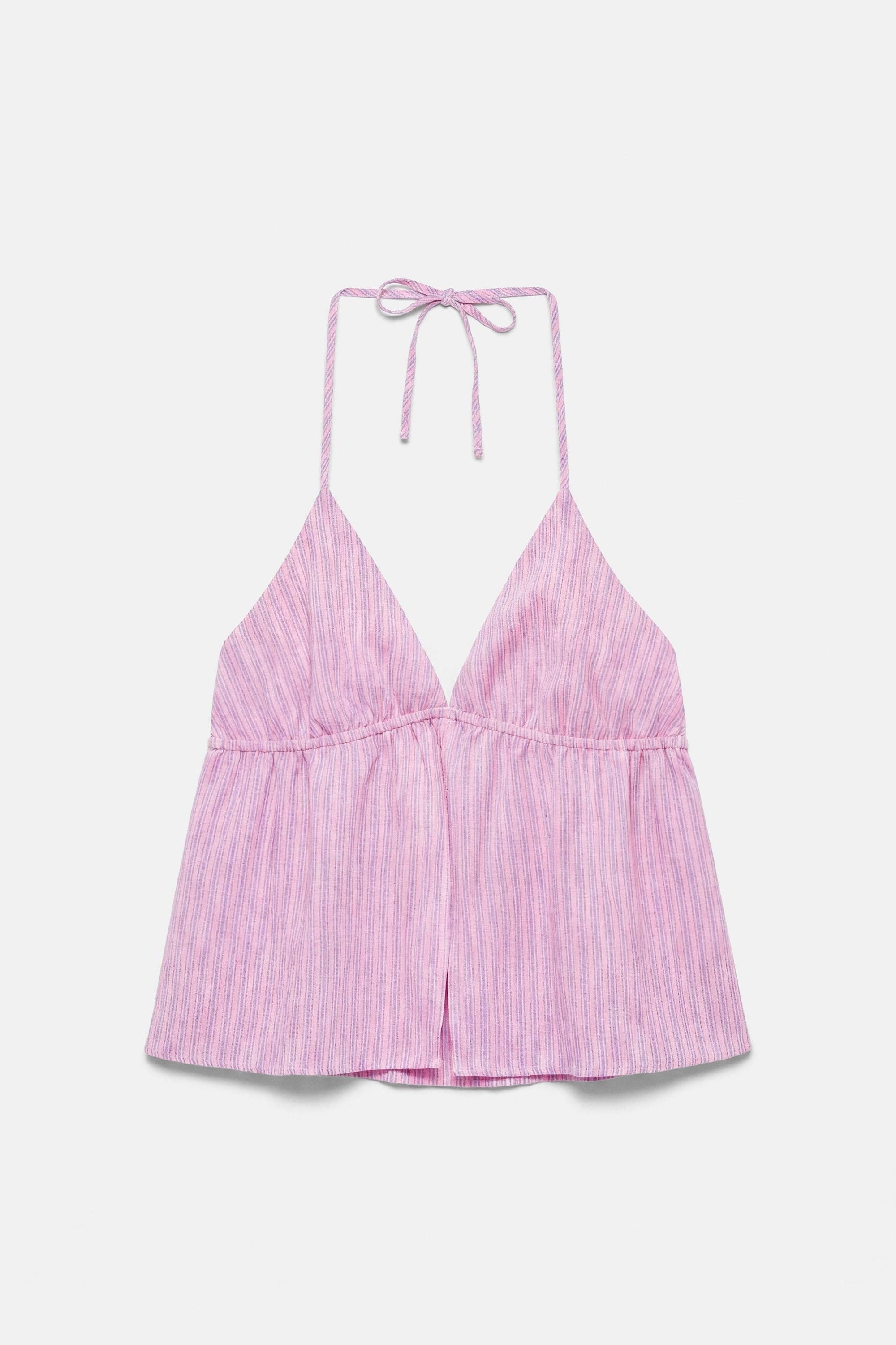 Striped linen blend halter top — Pink