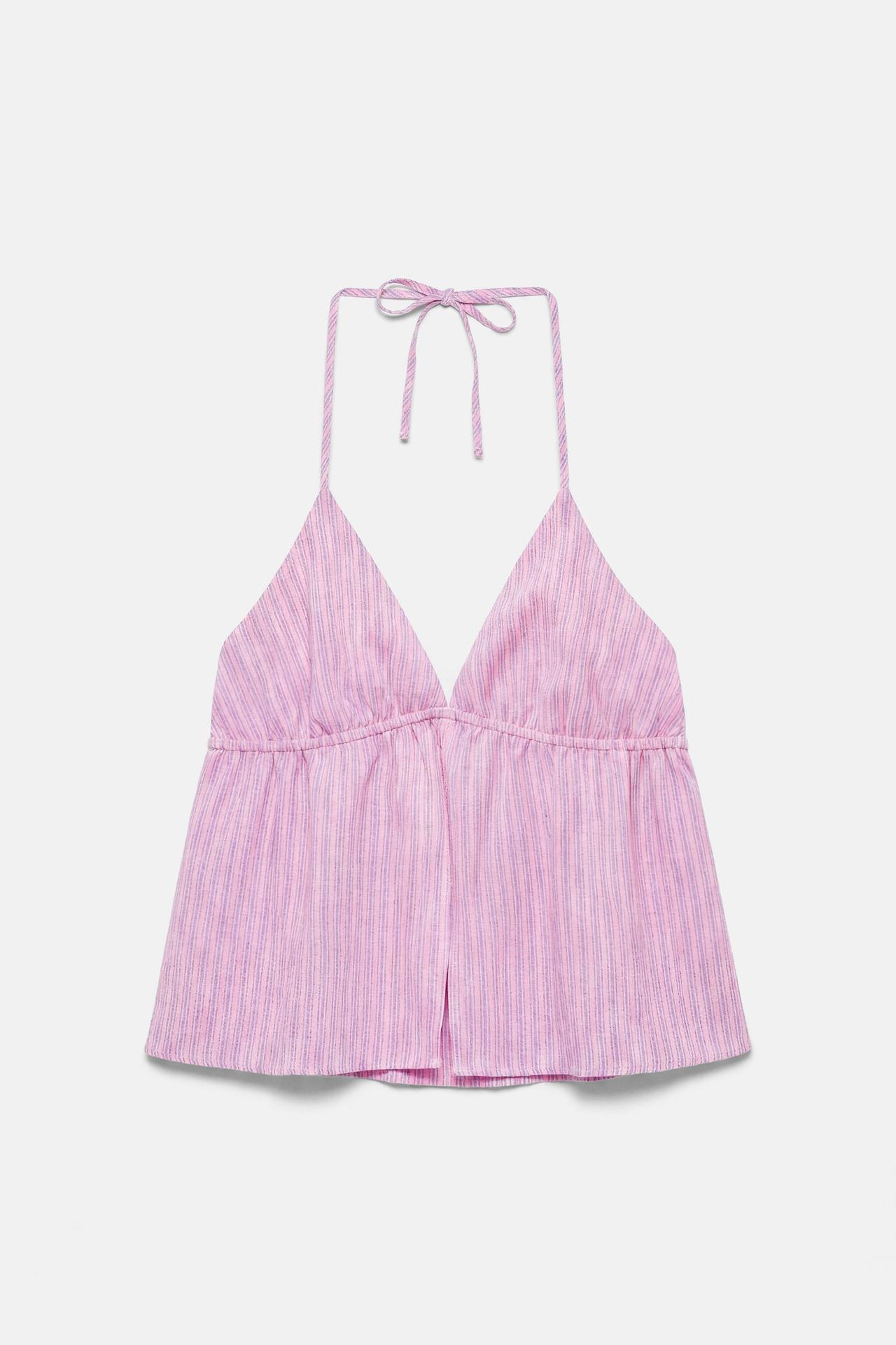 Striped linen blend halter top — Pink