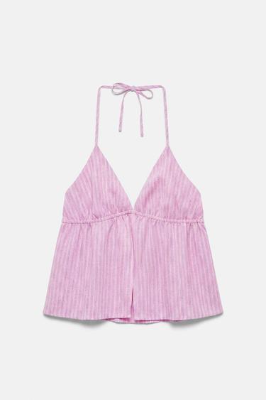 Striped linen blend halter top — Pink 6