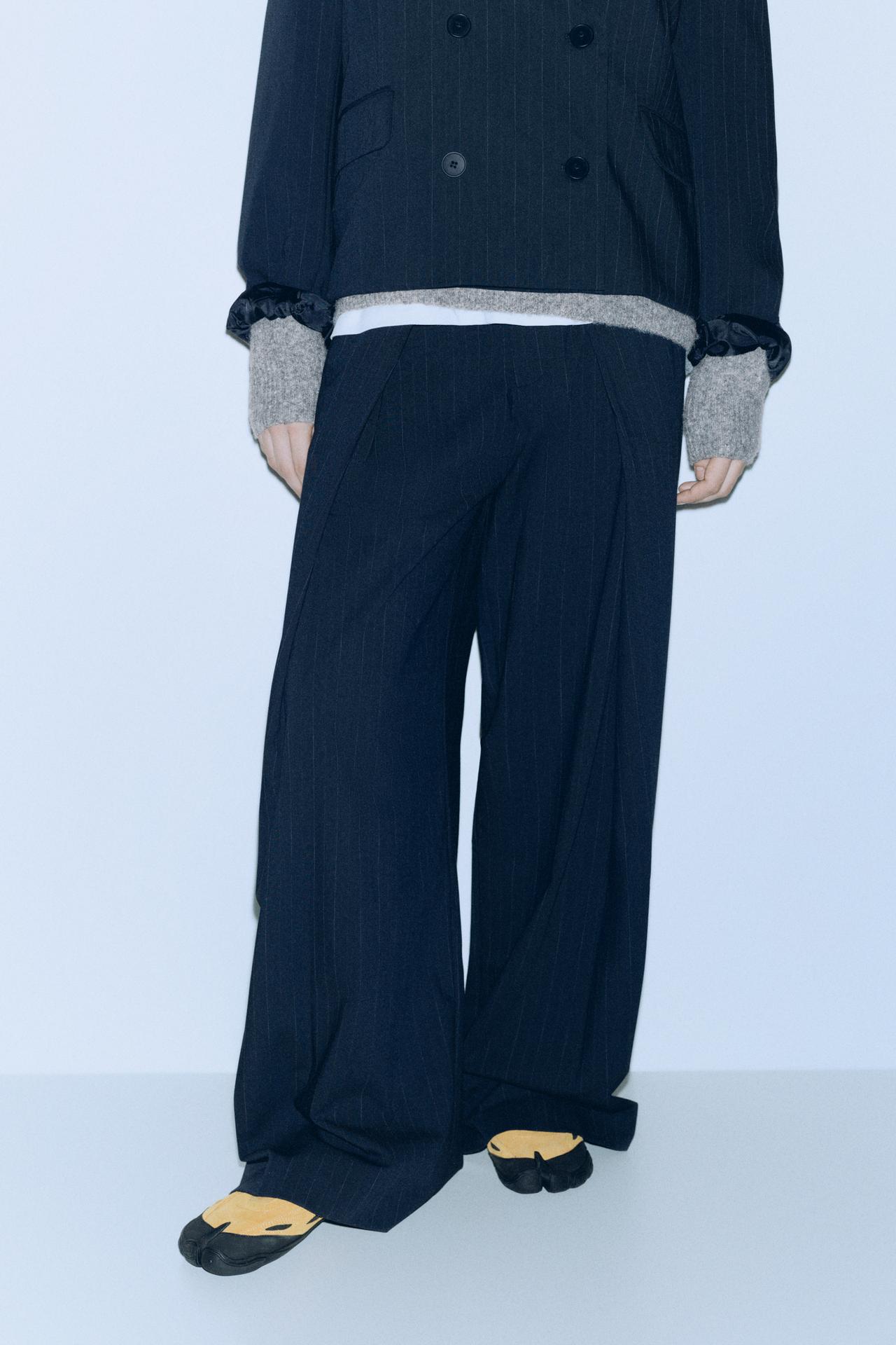 Wide-leg pinstripe trousers — Dark navy