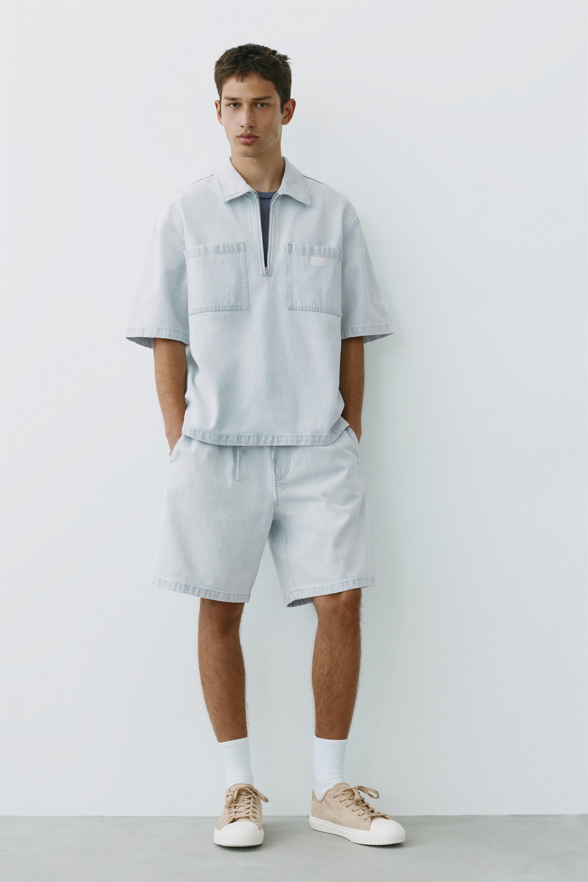 Denim zip-up polo shirt — Sky blue