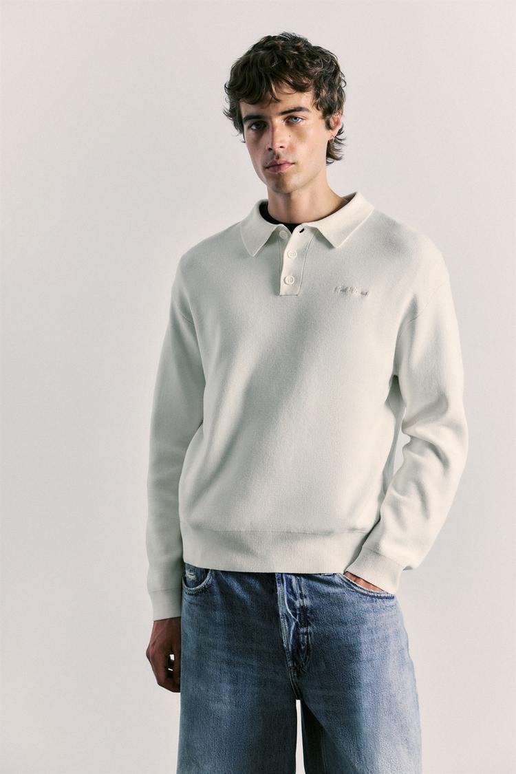 Long sleeve knit polo shirt — Bright white