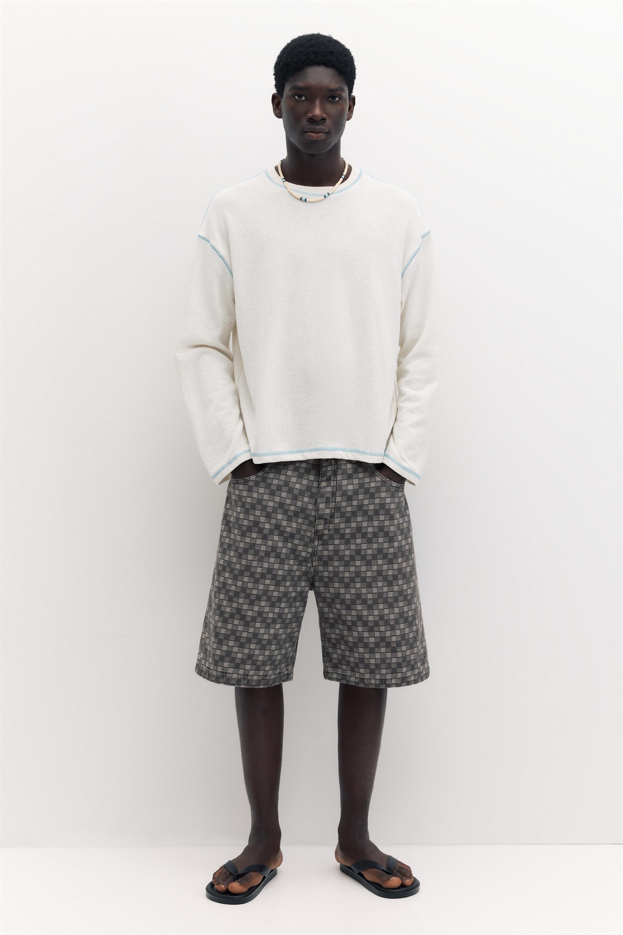 Checked denim Bermuda shorts — Faded black