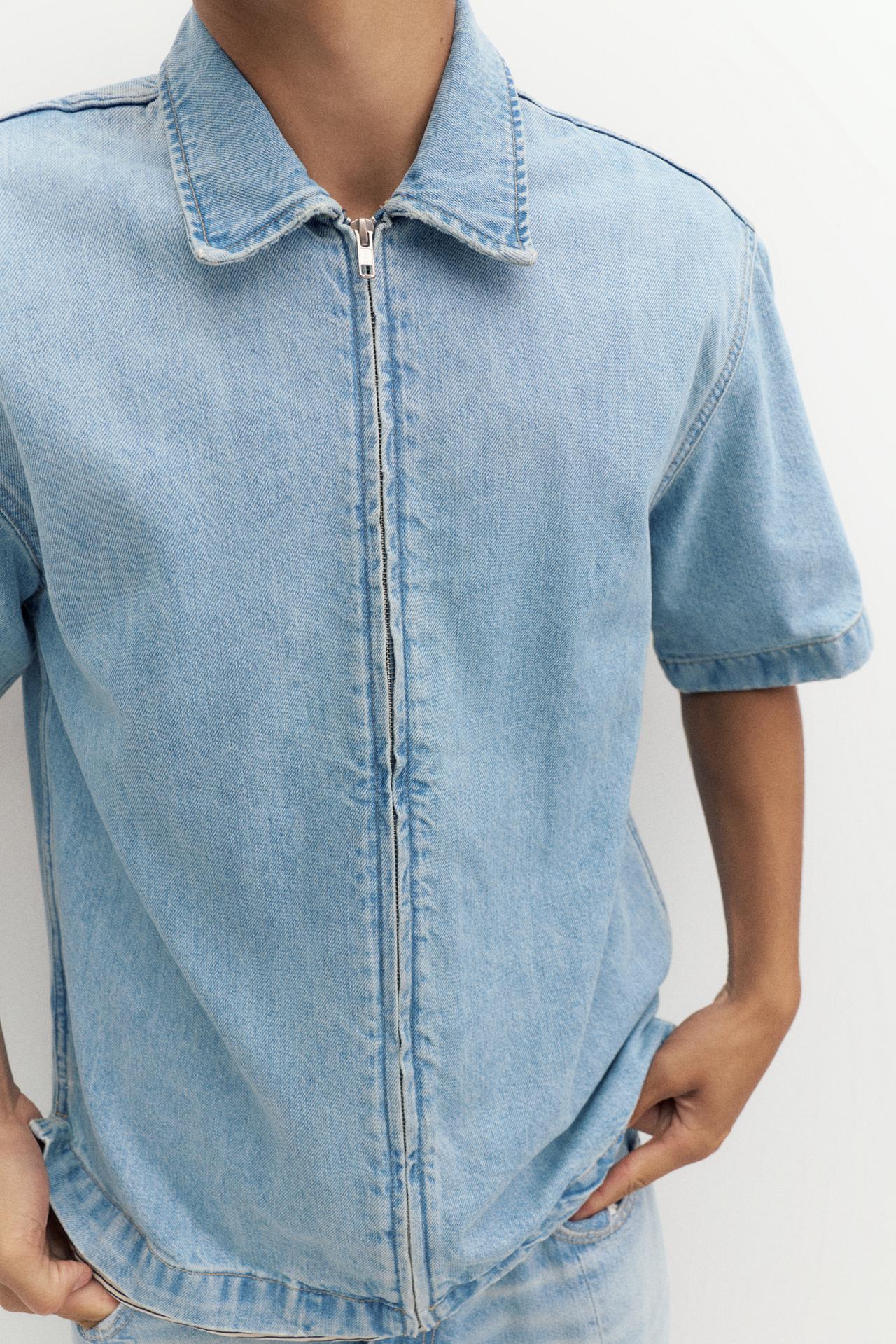 Short sleeve zipped denim shirt — Pale indigo