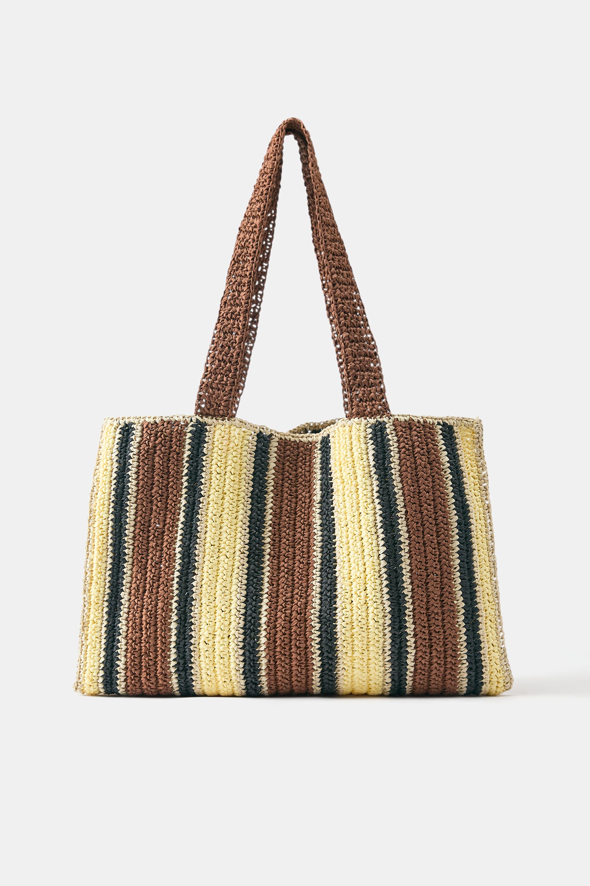 Striped woven tote bag — Brown