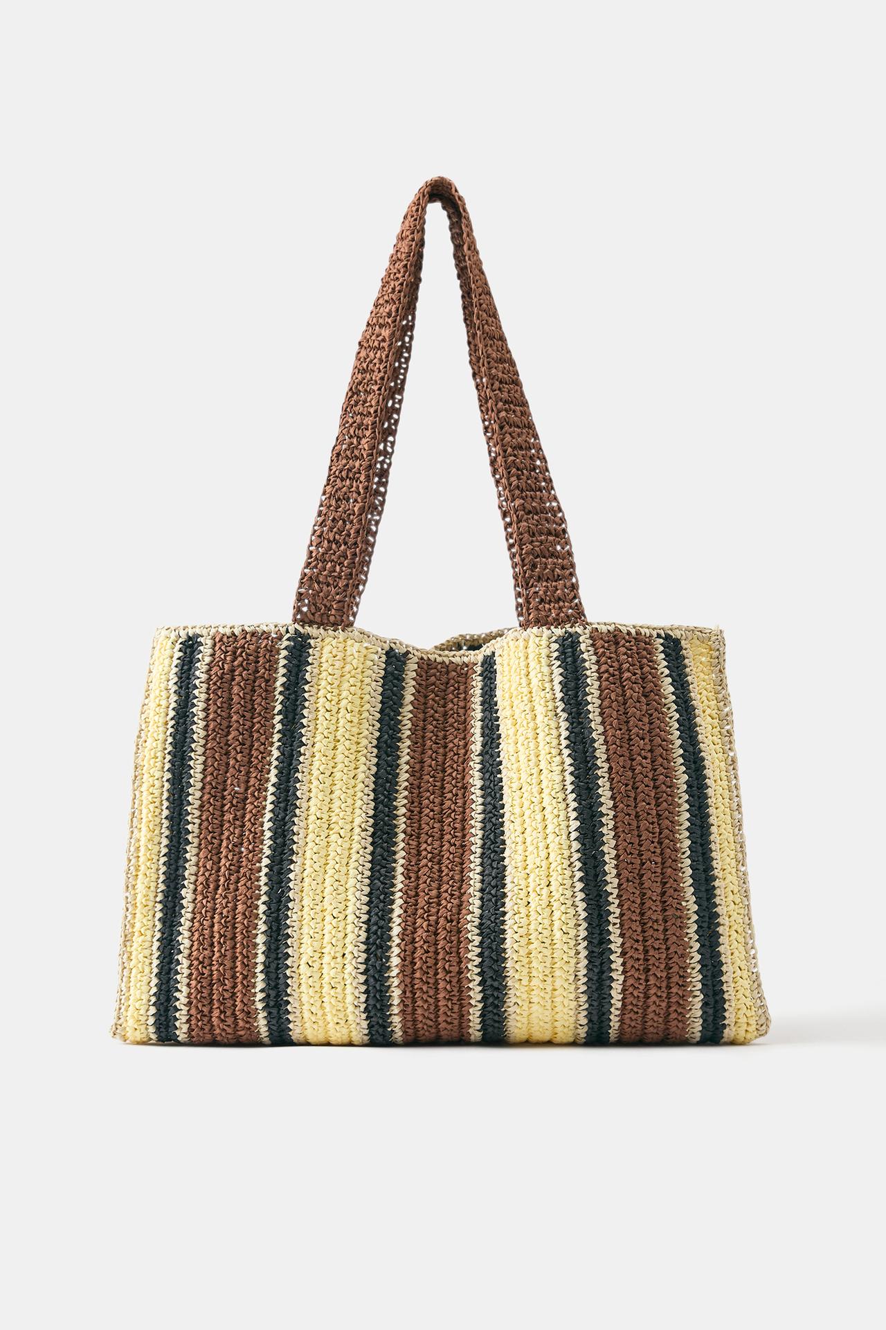 Striped woven tote bag — Brown