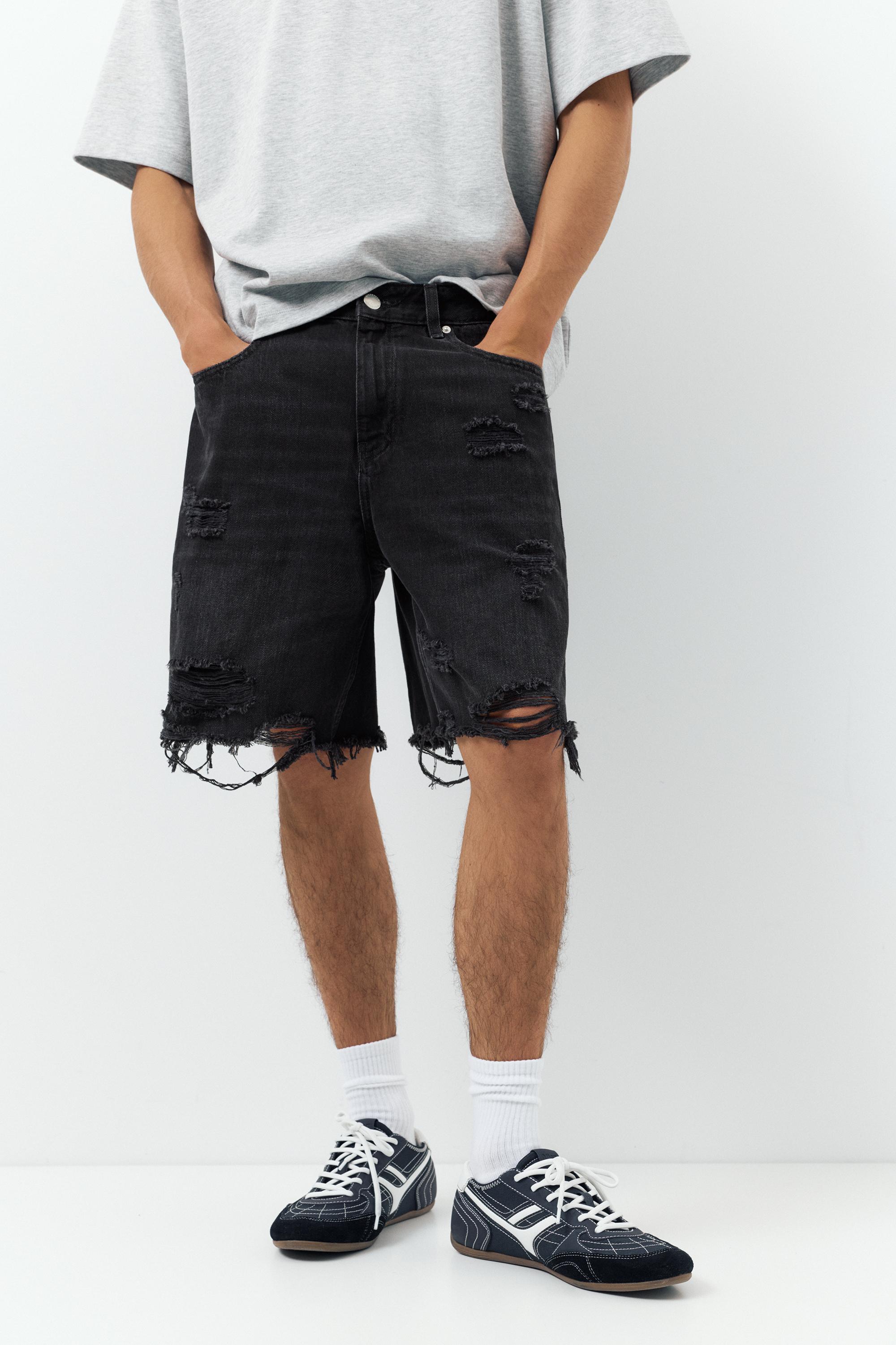 Straight-leg denim Bermuda shorts — Faded black
