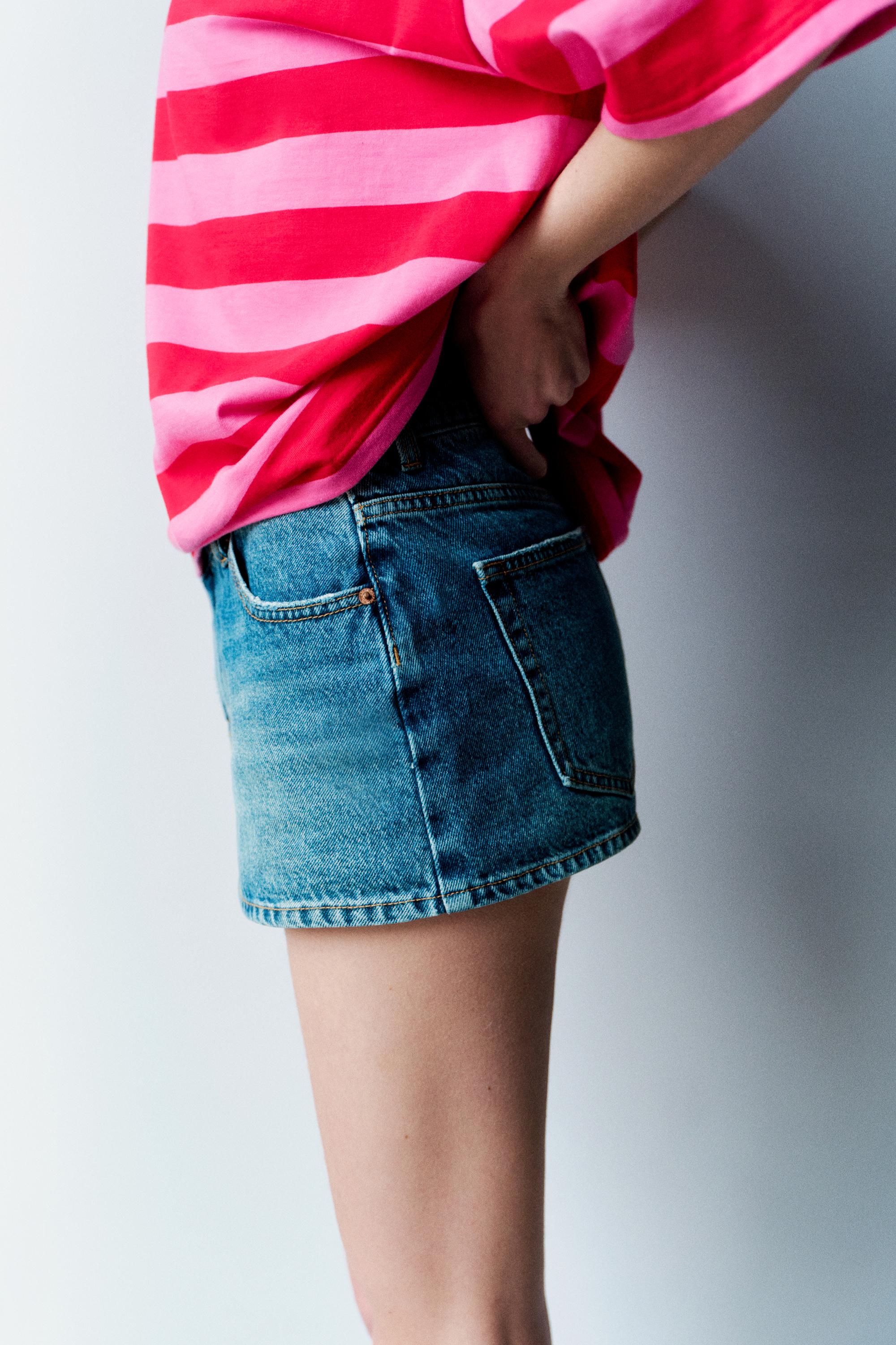 Cross-waist denim skort — Medium blue
