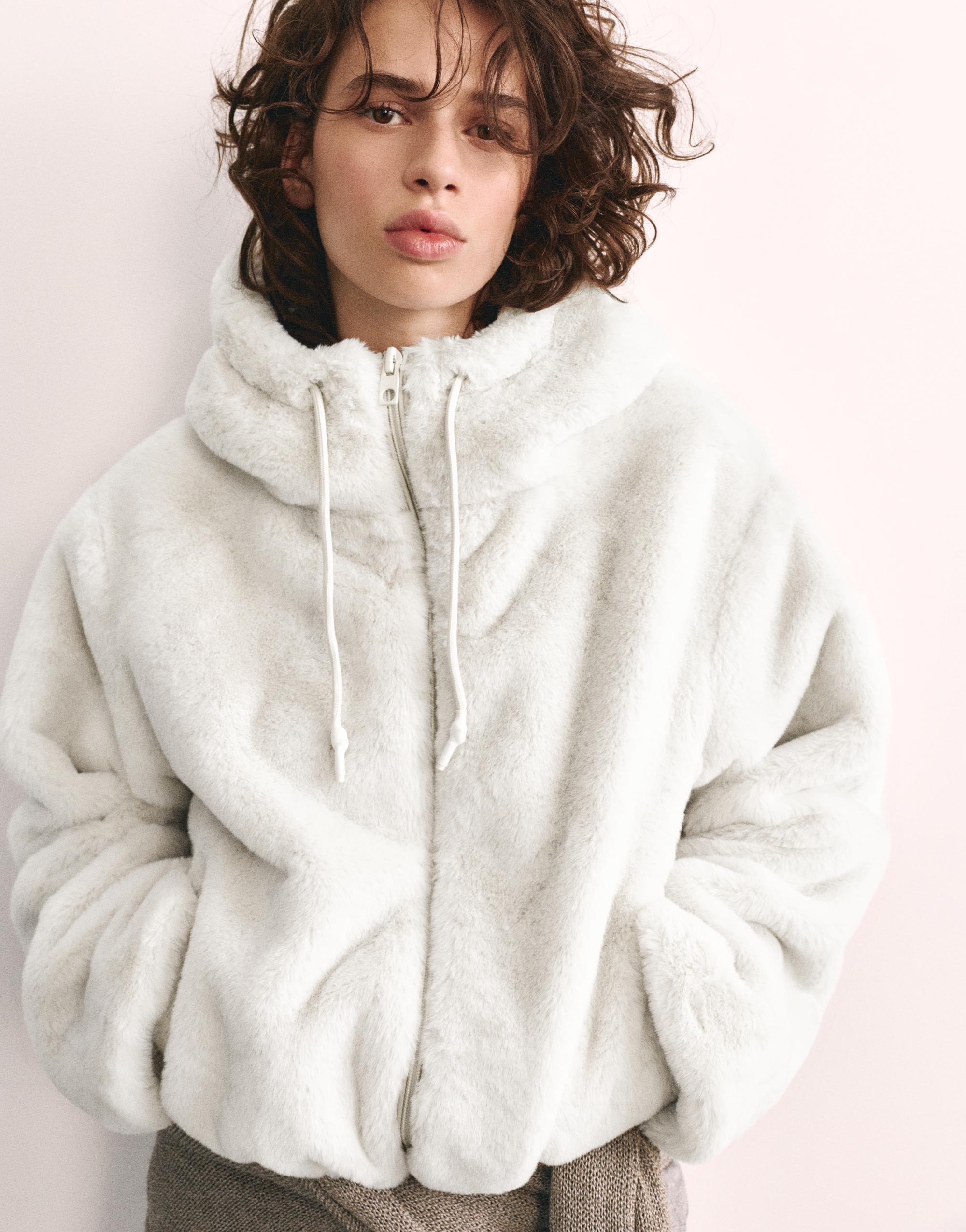 Hooded faux fur jacket — Ecru