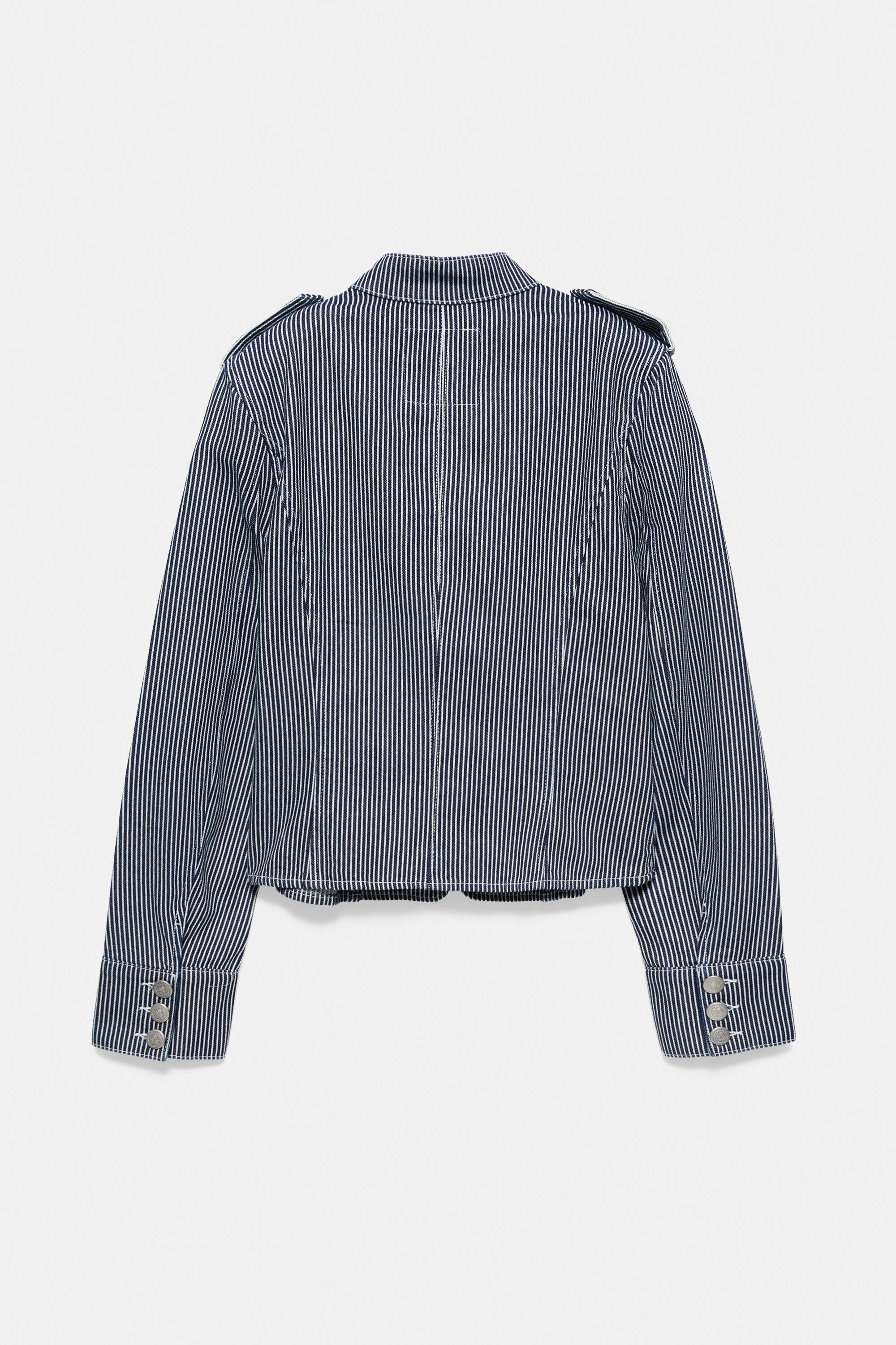 Striped buttoned denim jacket — Dark blue