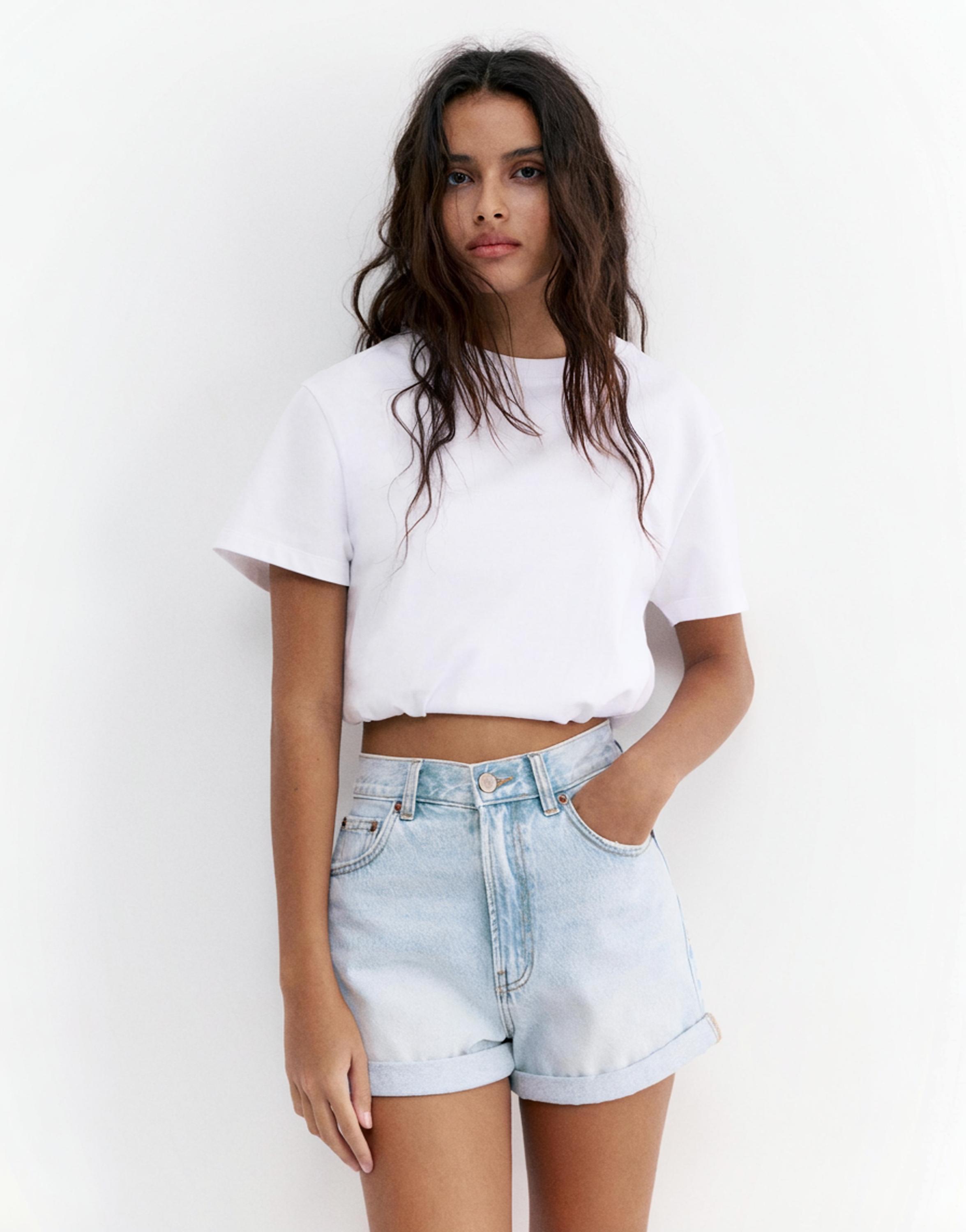 Denim turn-up mom shorts — Pale blue