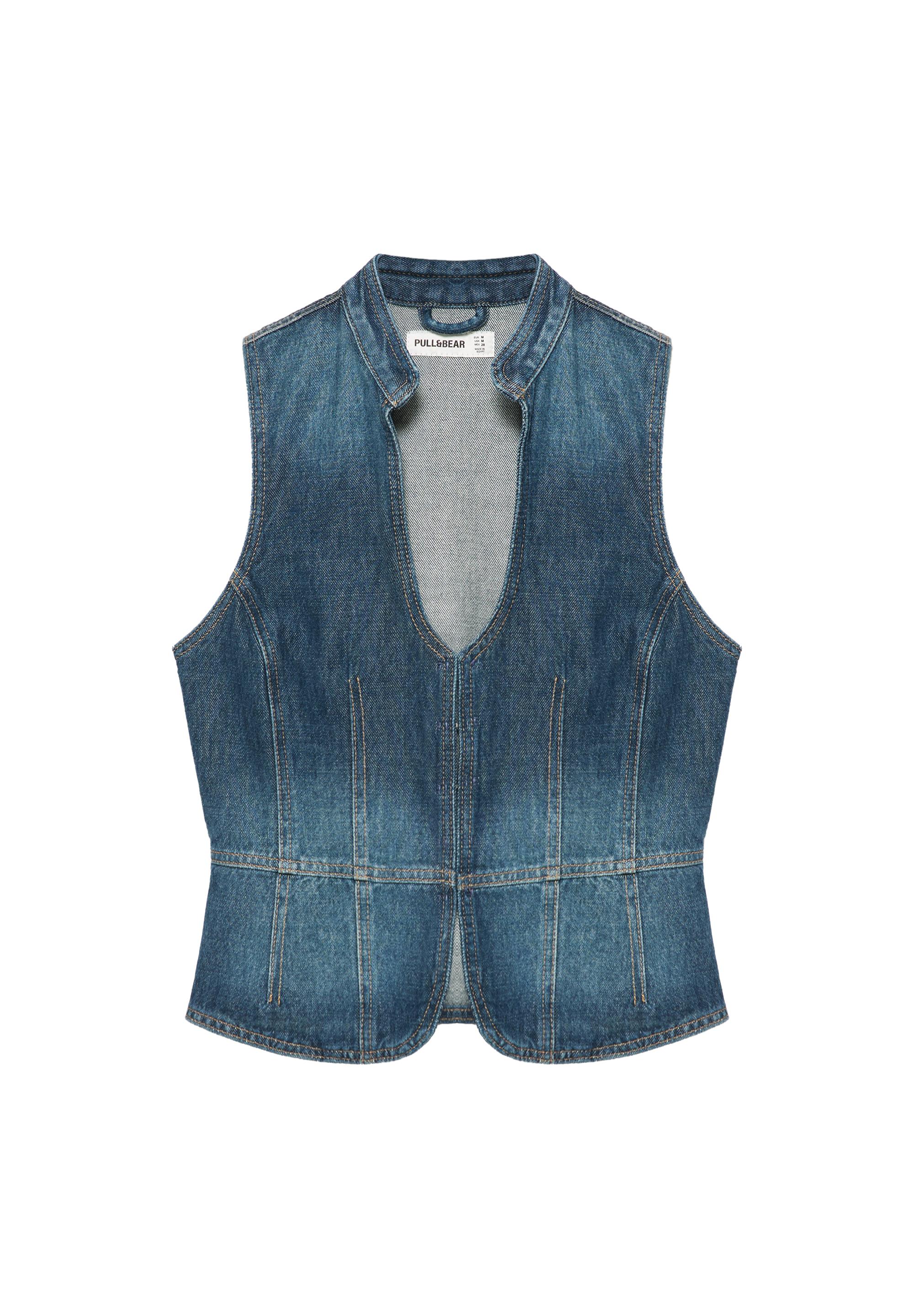 Pull&Bear Halter yaka dikiş detaylı denim top görsel 5