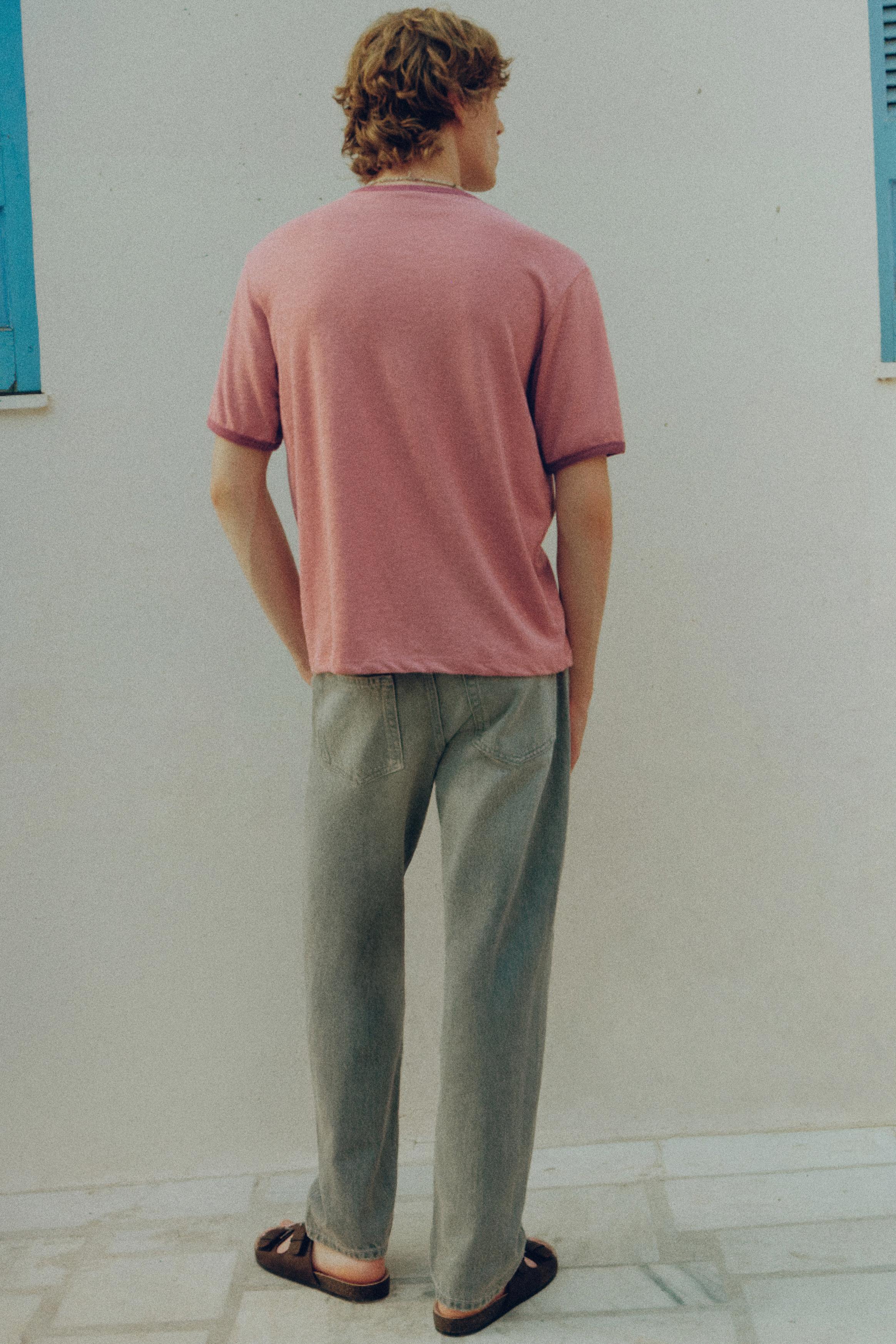 Contrast ribbed T-shirt — Pink