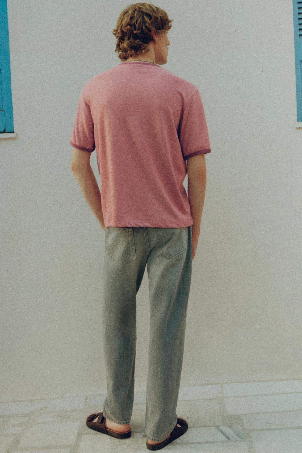 Contrast ribbed T-shirt — Pink