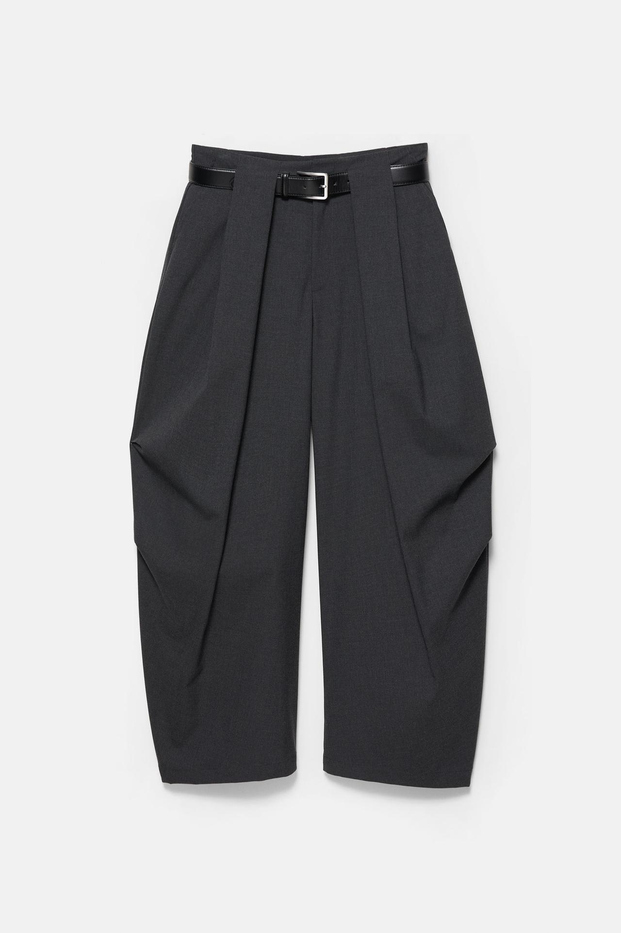 High-waist barrel trousers with pleats and belt — Dark grey