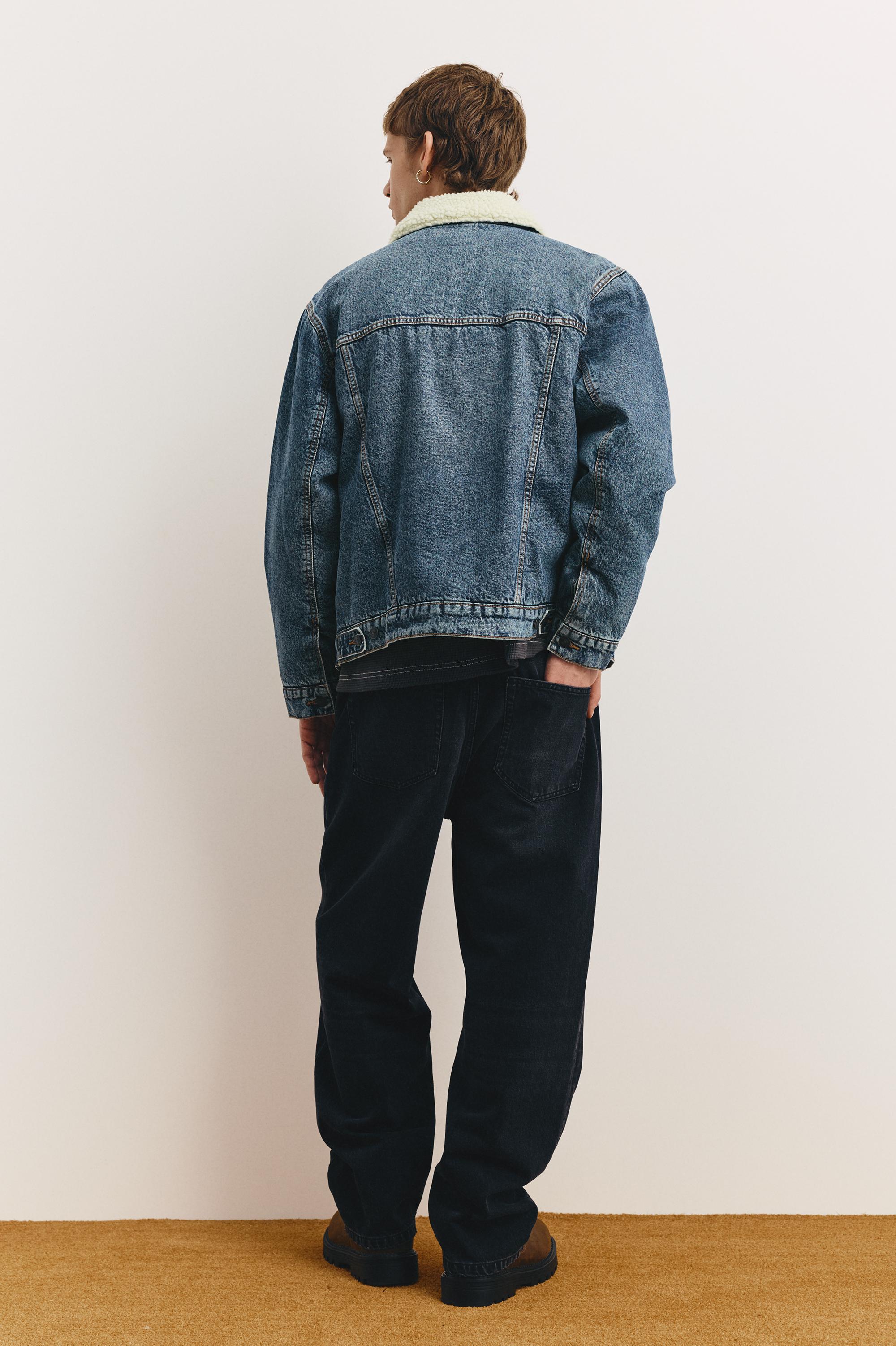Denim jacket with faux shearling collar — Medium blue