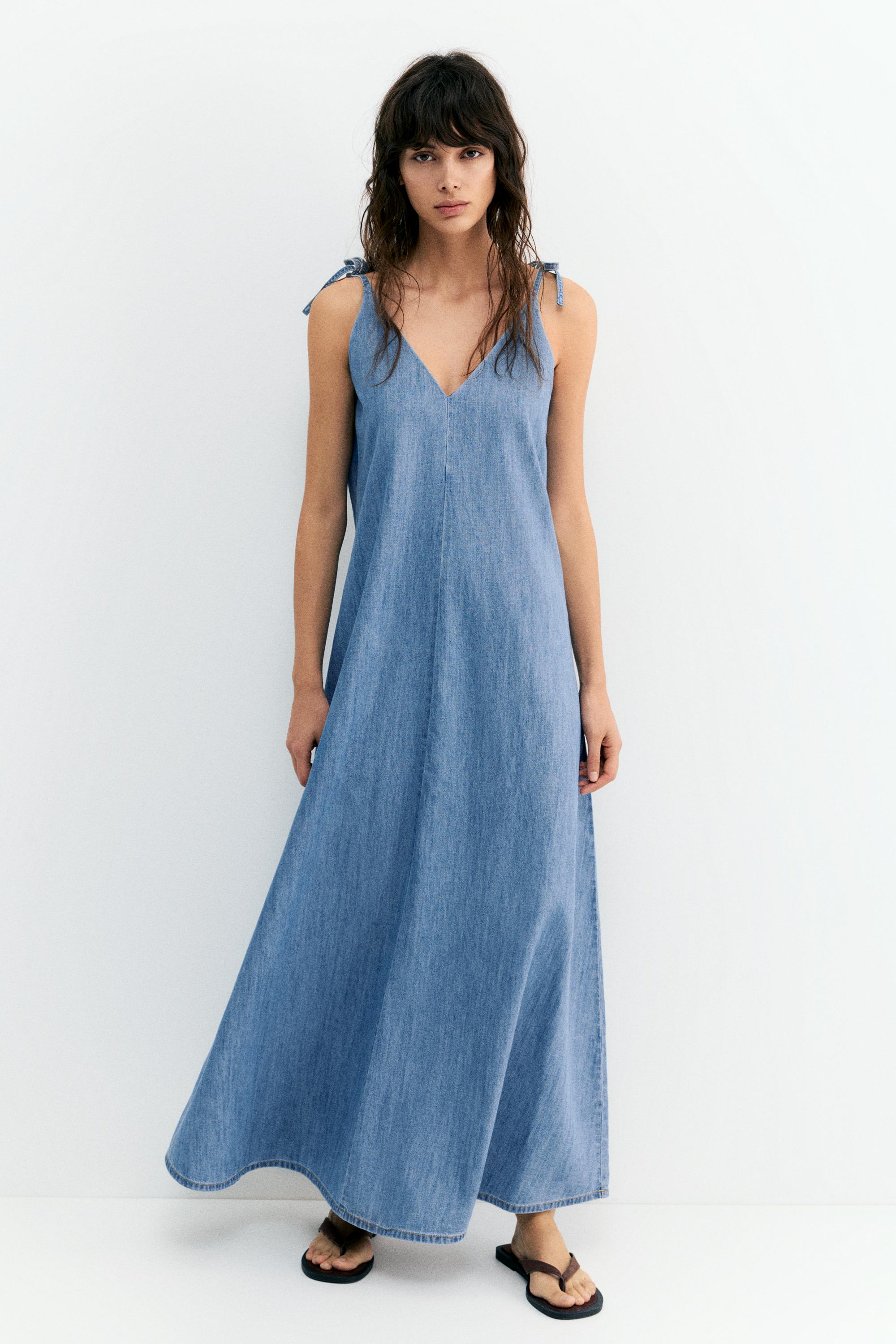 Askılı uzun jean elbise - Görsel 12